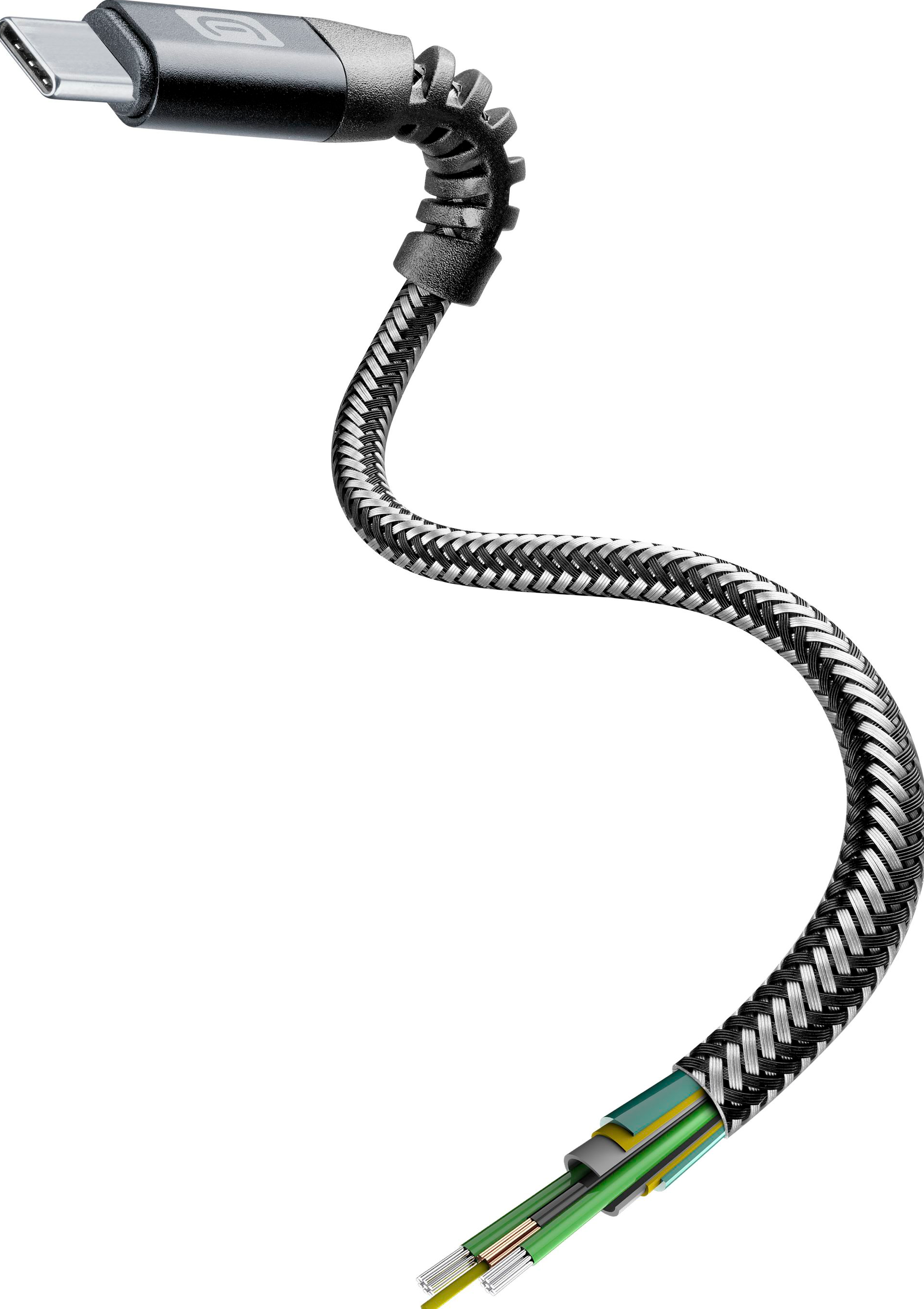 Cavo USB-C con rivestimento intrecciato nero e argento. Il cavo è parzialmente tagliato, rivelando i fili interni.