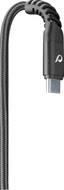 Cavo USB-C con rivestimento intrecciato nero. Primo piano dell'estremità del cavo.