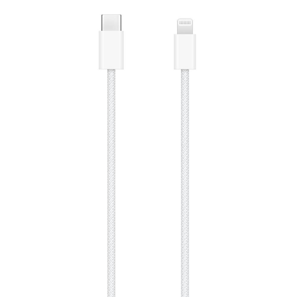 Weißes USB-C-zu-Lightning-Kabel auf weißem Hintergrund, Nahaufnahme.