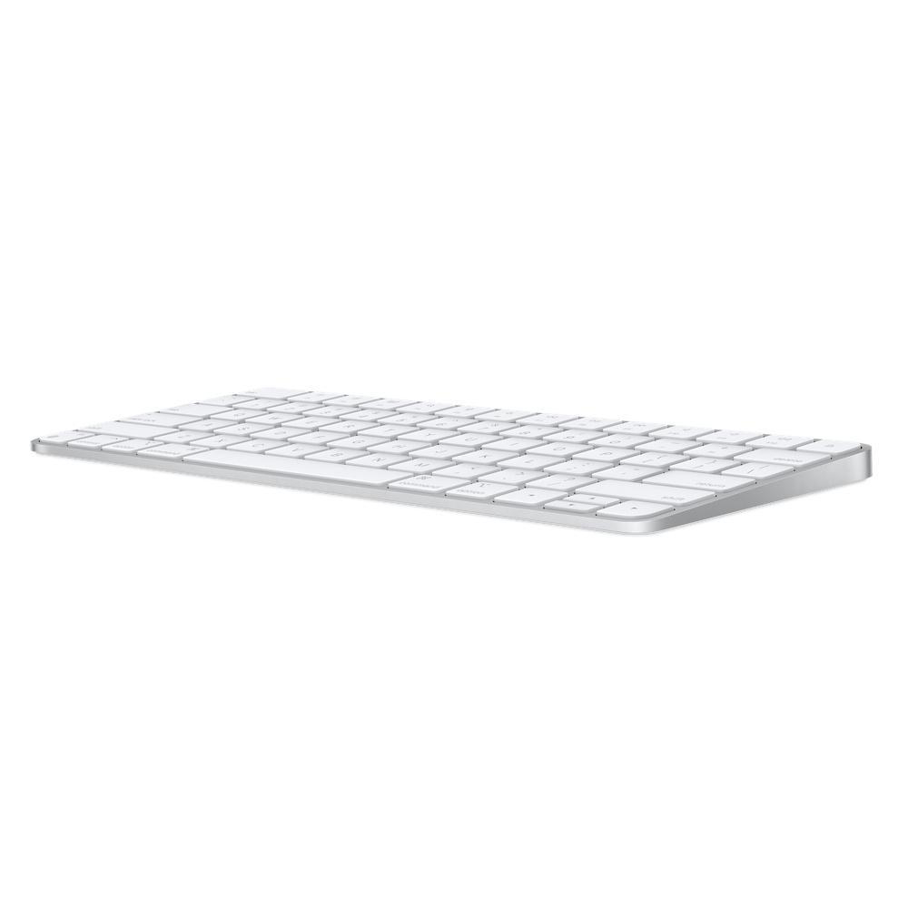 Eine weiße Apple-Tastatur auf weißem Hintergrund. Es ist ein flaches, minimalistisches Design.