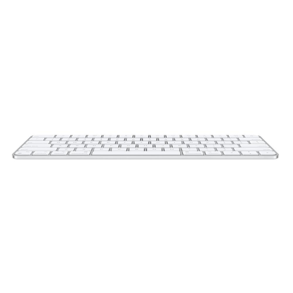 Eine weiße Apple Magic Keyboard auf weißem Hintergrund, von oben gesehen.