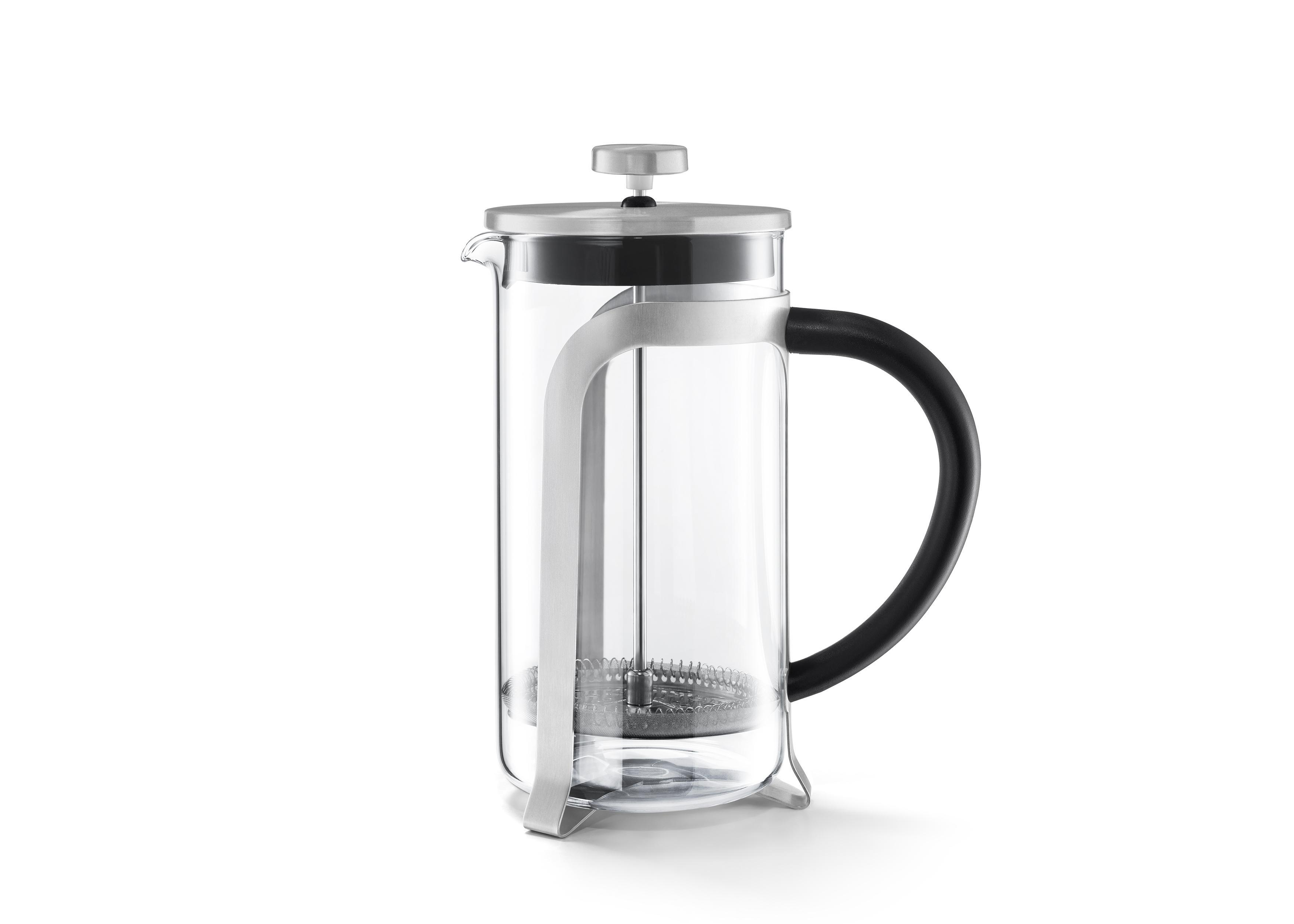 Ein Glas-French-Press-Kaffeebereiter auf weißem Hintergrund.