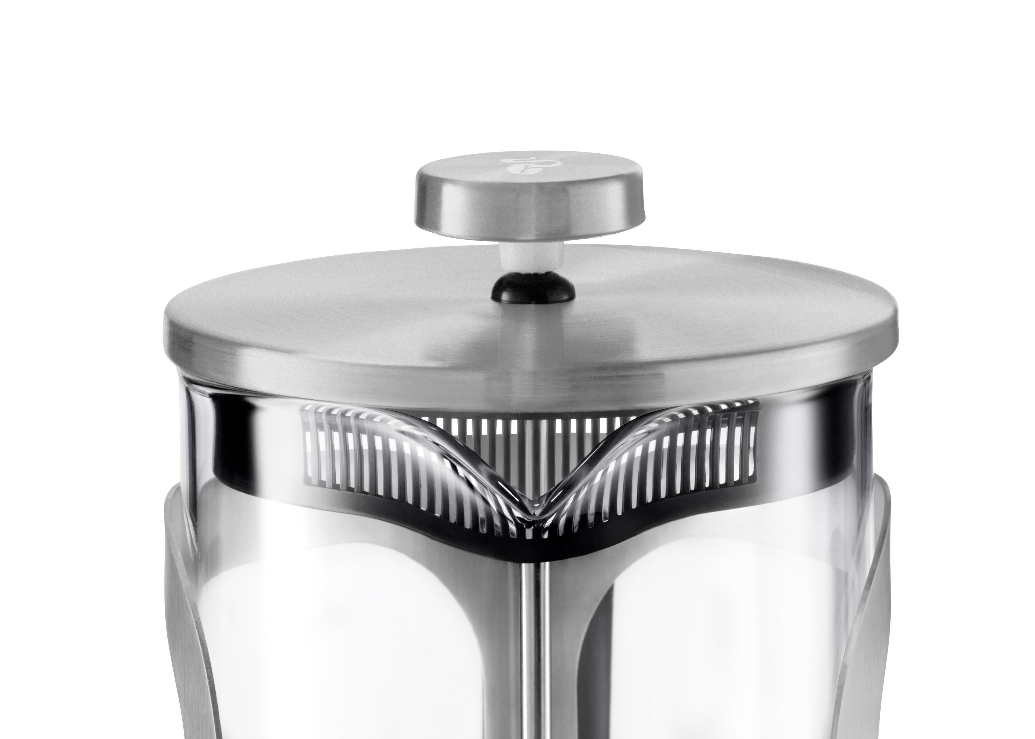 Nahaufnahme einer French Press. Sie besteht aus Glas und Edelstahl.