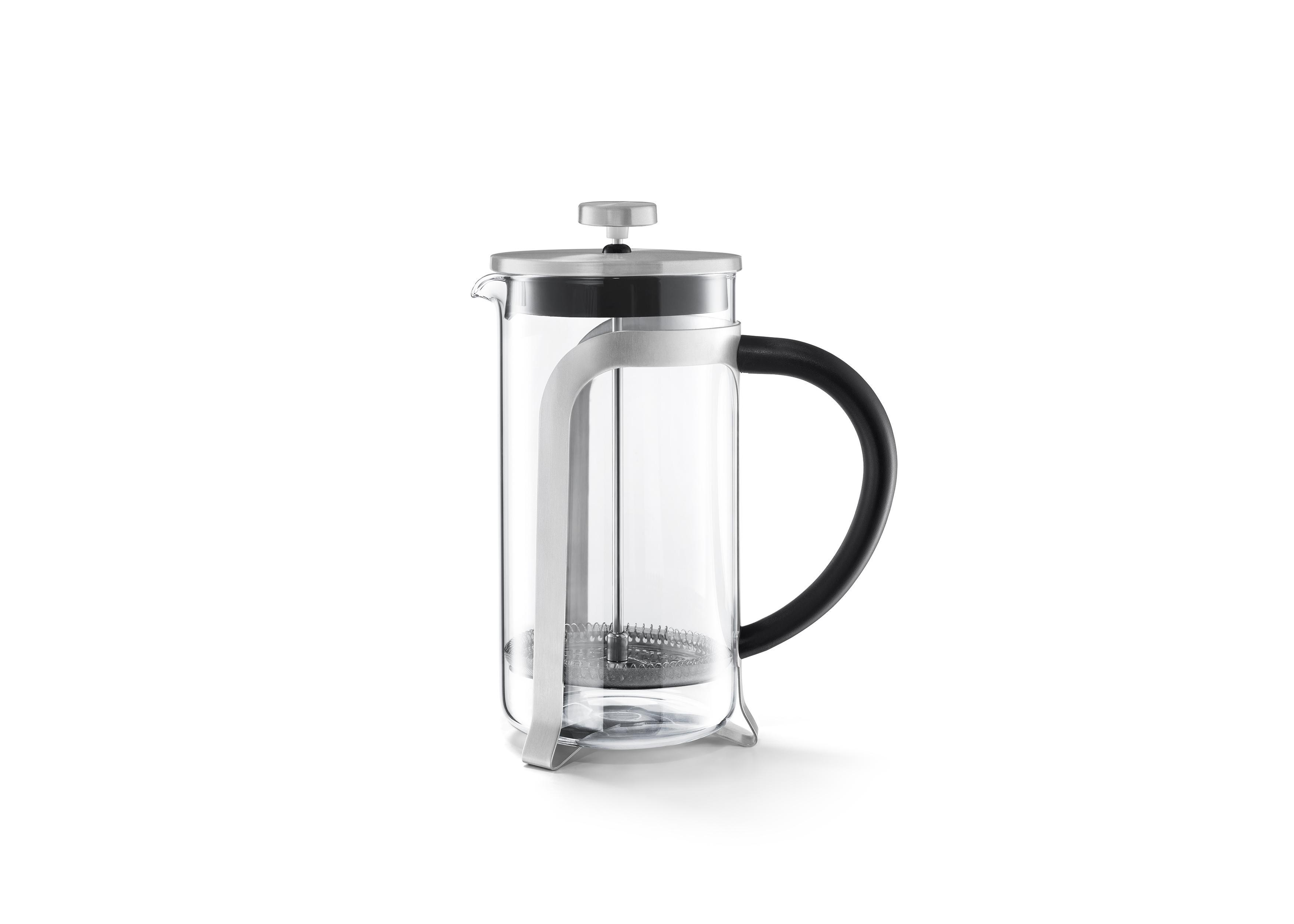 Französische Kaffeepresse aus Glas mit schwarzem Griff, auf weißem Hintergrund.