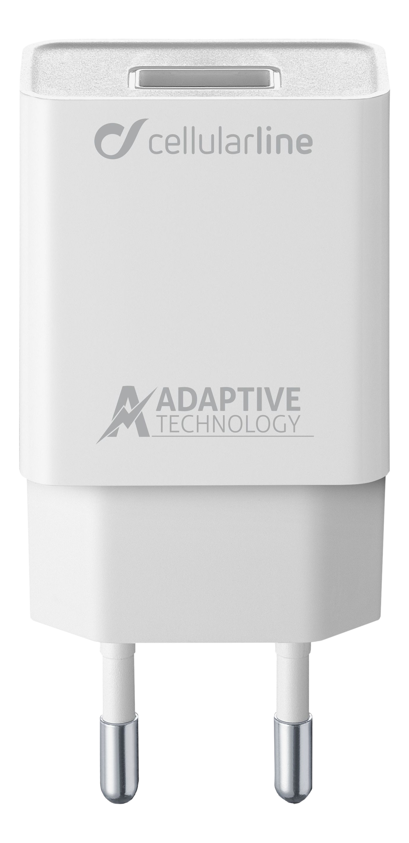 Un chargeur Cellularline blanc avec un logo et le texte Adaptive Technology.