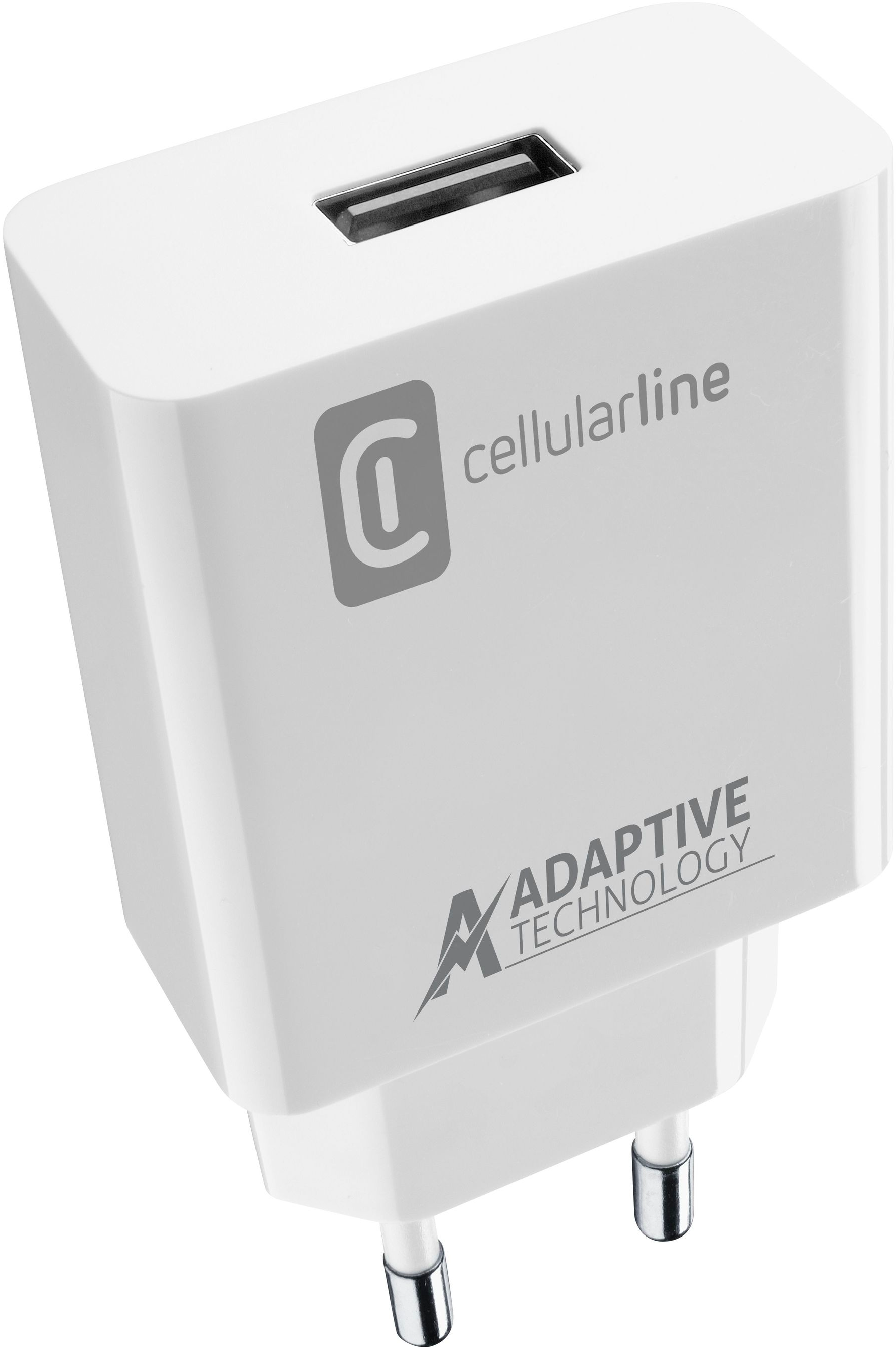Chargeur blanc avec le logo Cellularline et le texte Adaptive Technology.