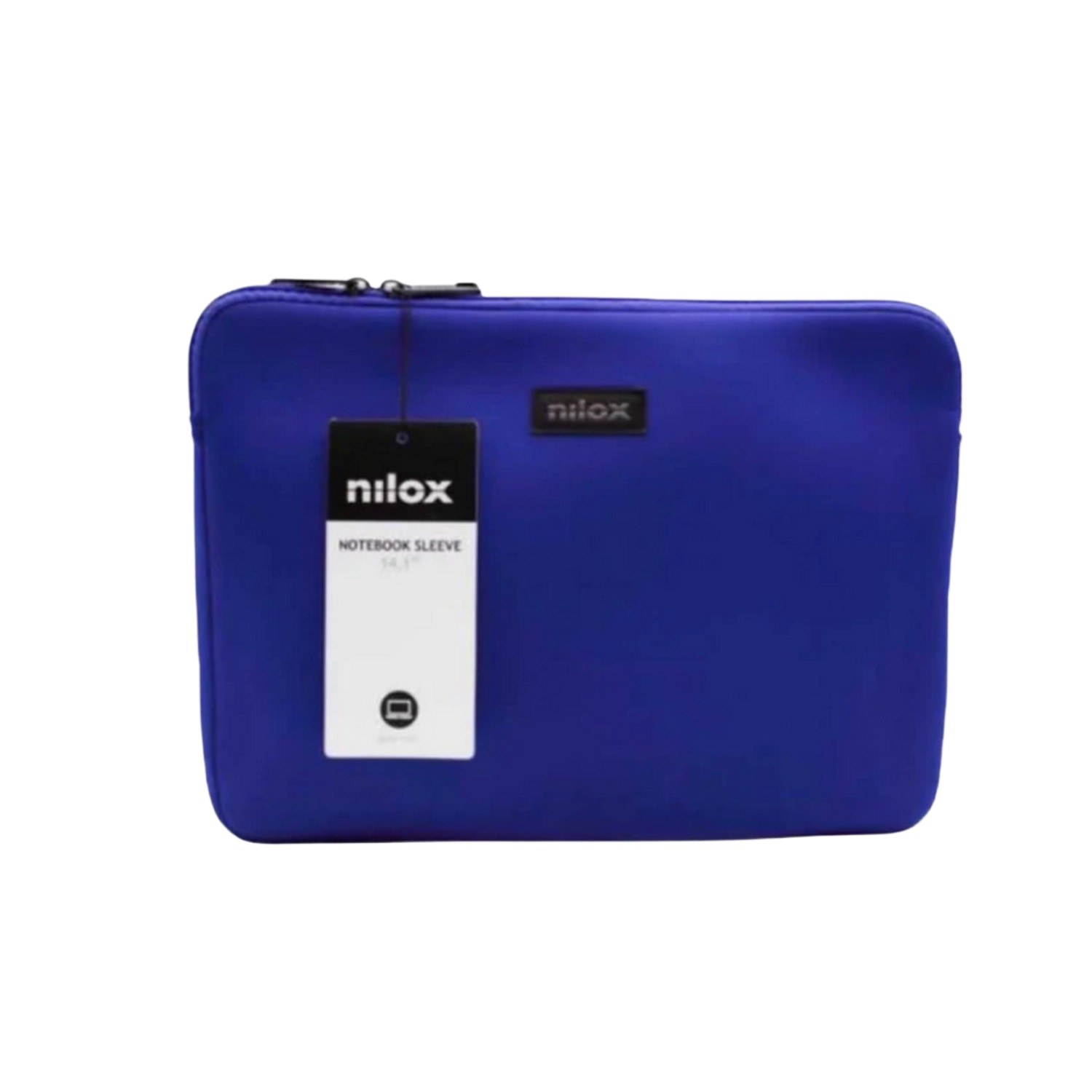 Funda azul para portátil con cremallera negra y etiqueta blanca nilox.