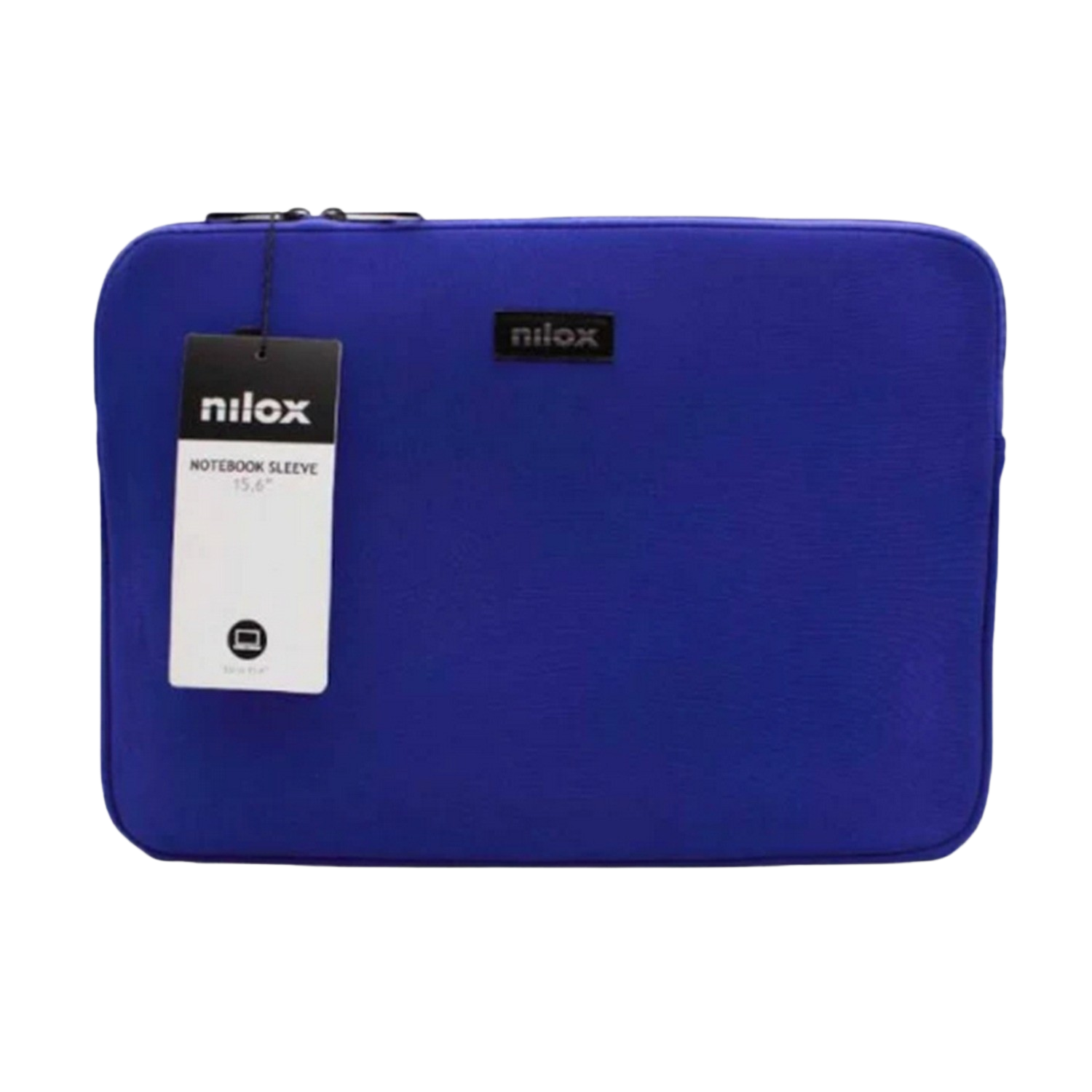 Una funda azul para portátil Nilox. Una etiqueta negra con el logotipo de Nilox y la información del tamaño.