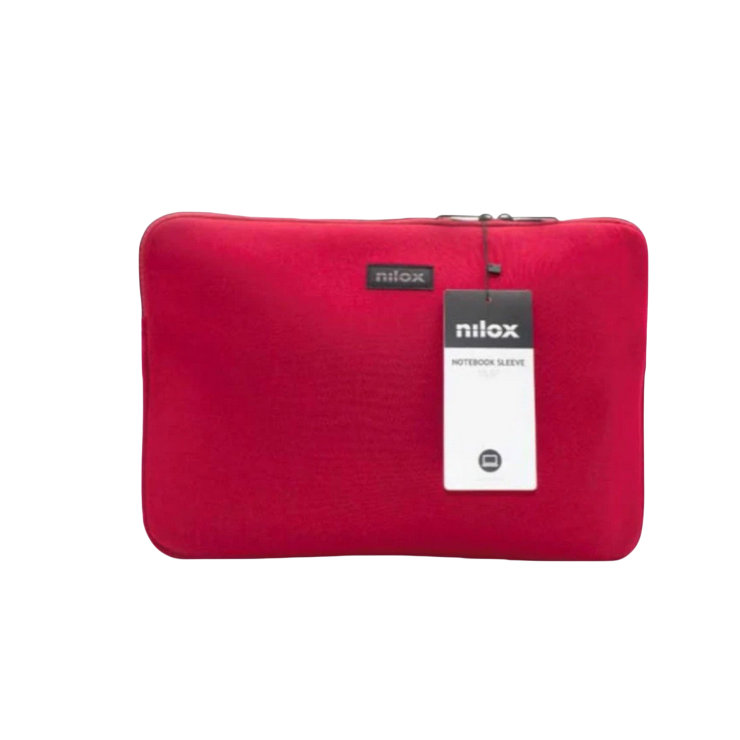 Funda roja para portátil Nilox con etiqueta. La funda tiene una cremallera negra.