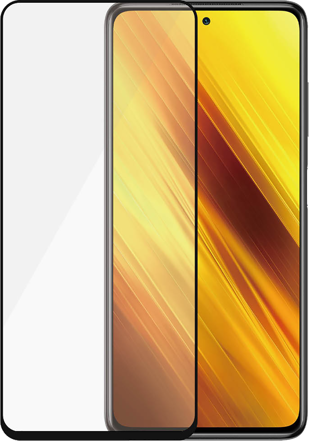 Smartphone screenprotector met afgeronde randen en een goudgele achtergrond.