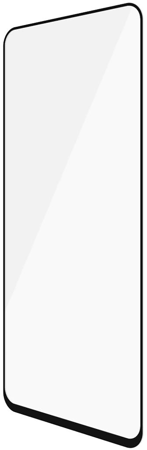 Smartphone schermbeschermer, zwart frame, schuin, witte achtergrond.