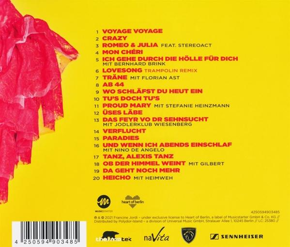 Die Rückseite einer CD-Hülle mit Titelliste auf Deutsch und rotem und gelbem Design.