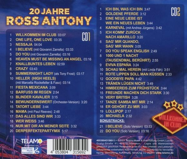 CD-Cover mit Titelliste und Künstlerinformationen auf blauem Hintergrund. Das Album ist für Ross Antony.