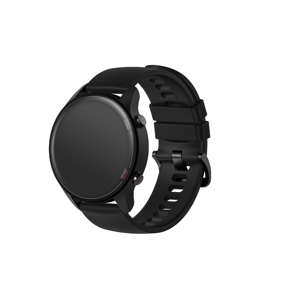Yuvarlak ekranlı ve siyah kayışlı siyah bir akıllı saat. Saat beyaz bir yüzeyde.