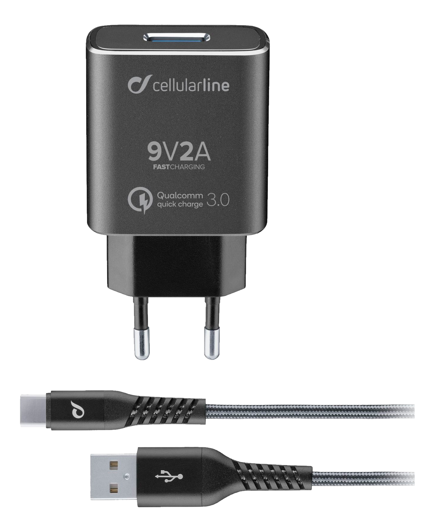 Schwarzes Ladegerät mit USB-C-Kabel und USB-Kabel. Hat '9V2A Fast Charging' und 'Qualcomm Quick Charge 3.0'.