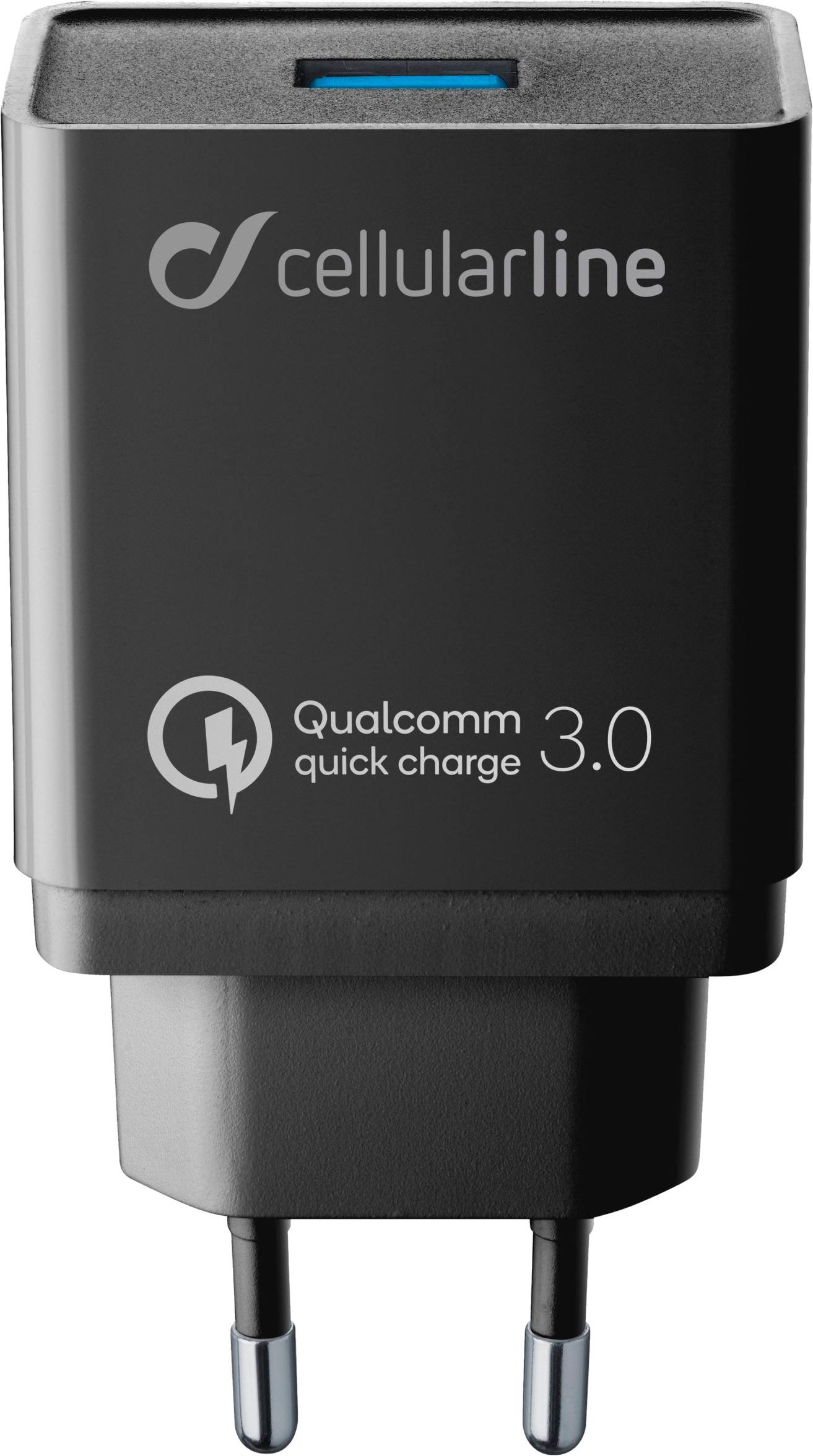 Schwarzes Ladegerät mit Logo und Text: Qualcomm Quick Charge 3.0.