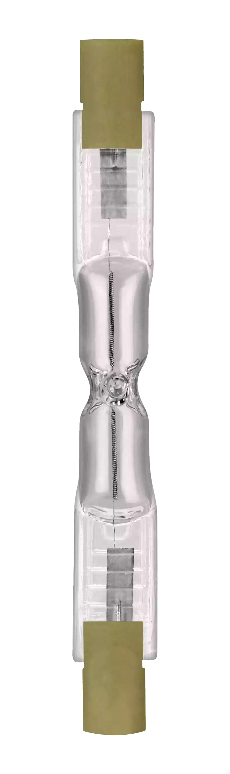 Halogenlampe mit klarem Glas. Beige Enden. Isoliert auf Schwarz.