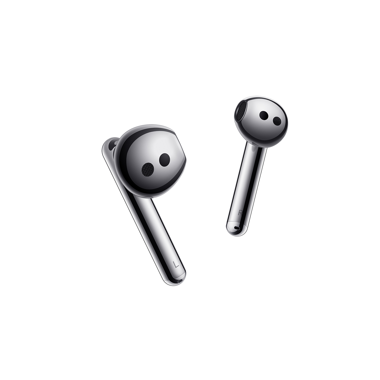 Par de auriculares inalámbricos plateados sobre un fondo blanco. Los auriculares tienen un diseño elegante y moderno.