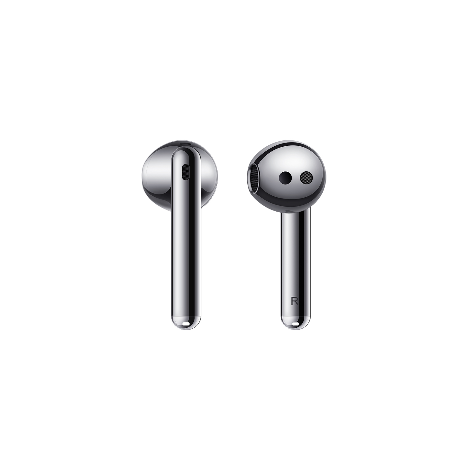 Dos auriculares plateados, uno junto al otro sobre fondo blanco.