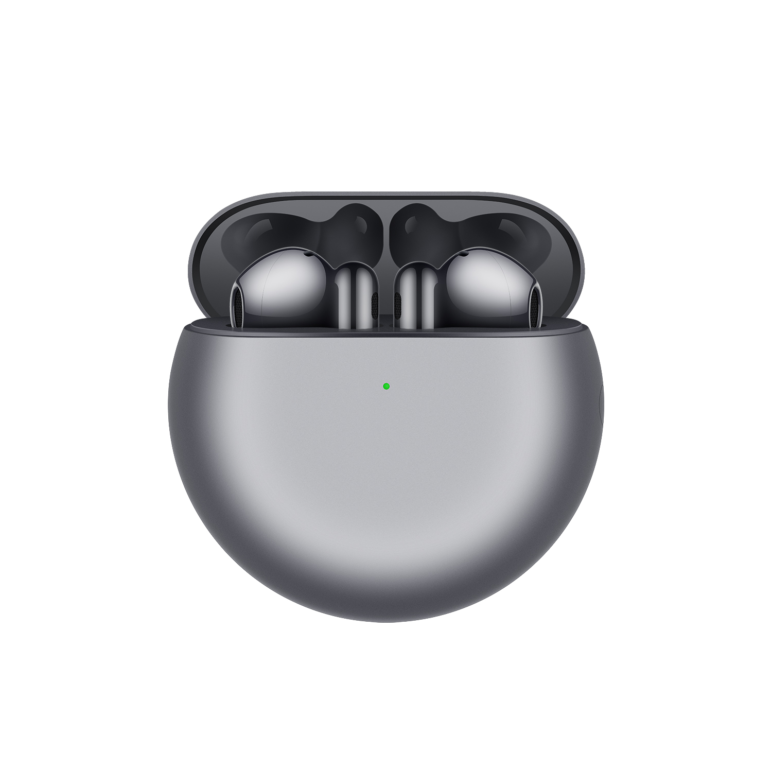 Auriculares inalámbricos plateados en su estuche de carga, sobre un fondo blanco.