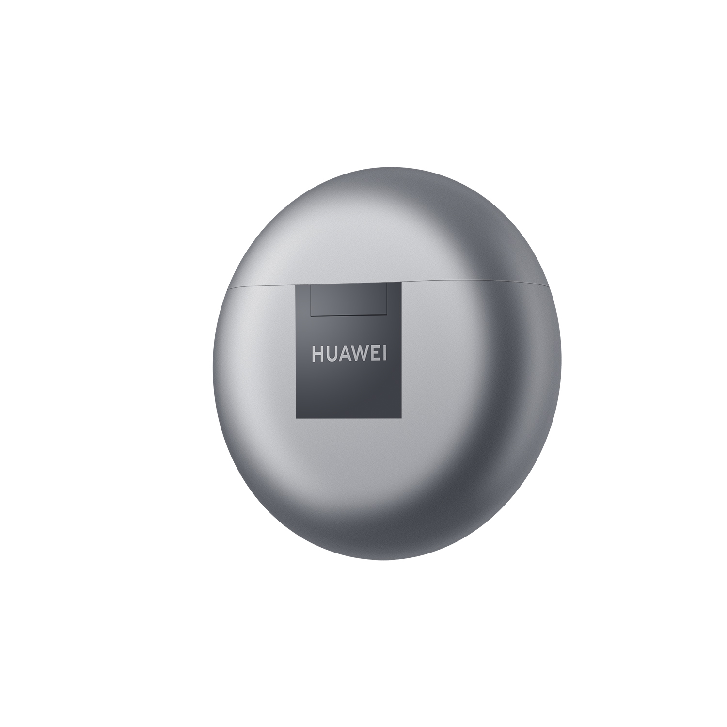 Funda de carga plateada de Huawei. Tiene forma redondeada y el logotipo de Huawei visible.