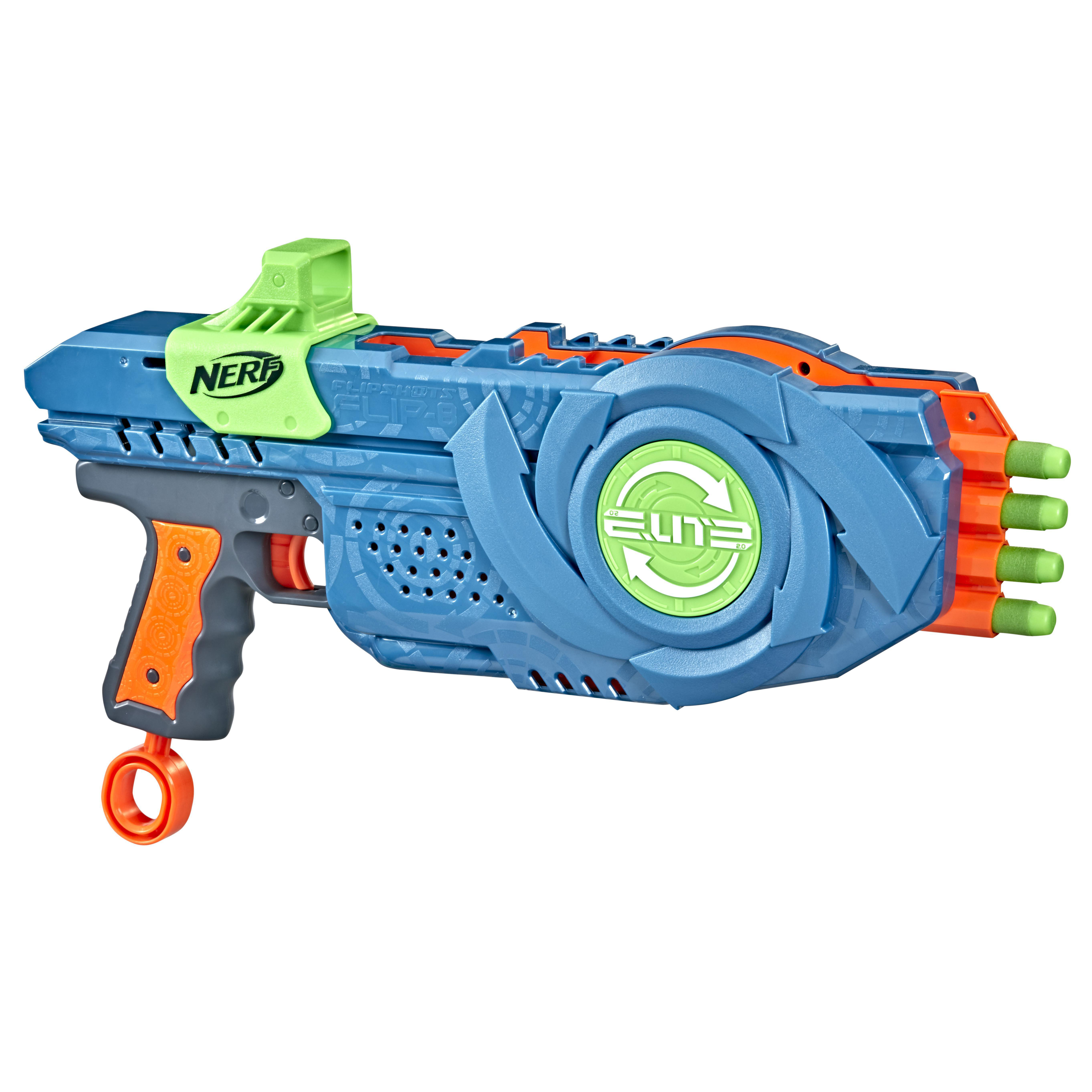 Eine blau-orangefarbene Nerf-Pistole mit dem Wort ELITE auf der Seite.
