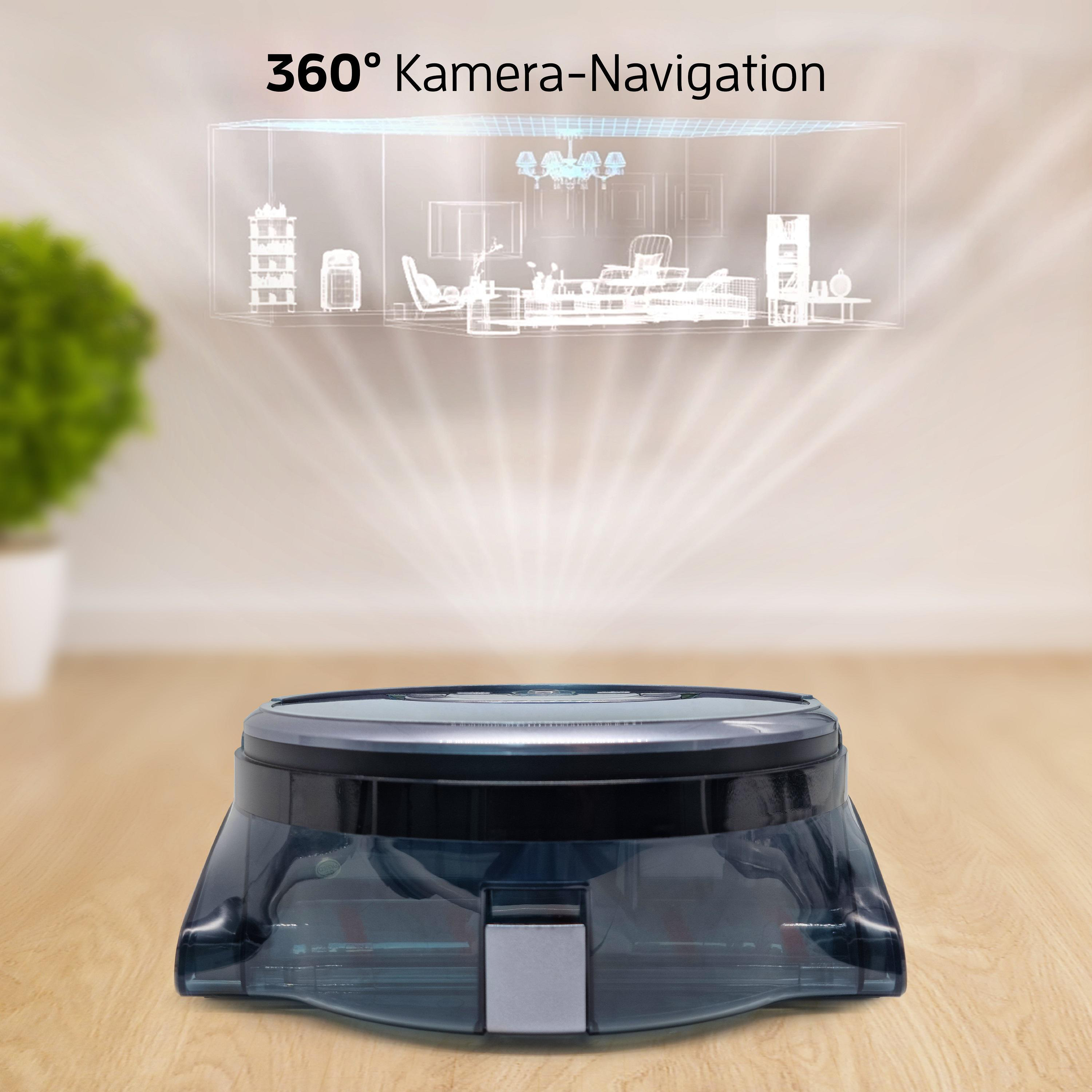 Roboter-Staubsauger auf Holzboden. Draufsicht auf das Raumlayout.