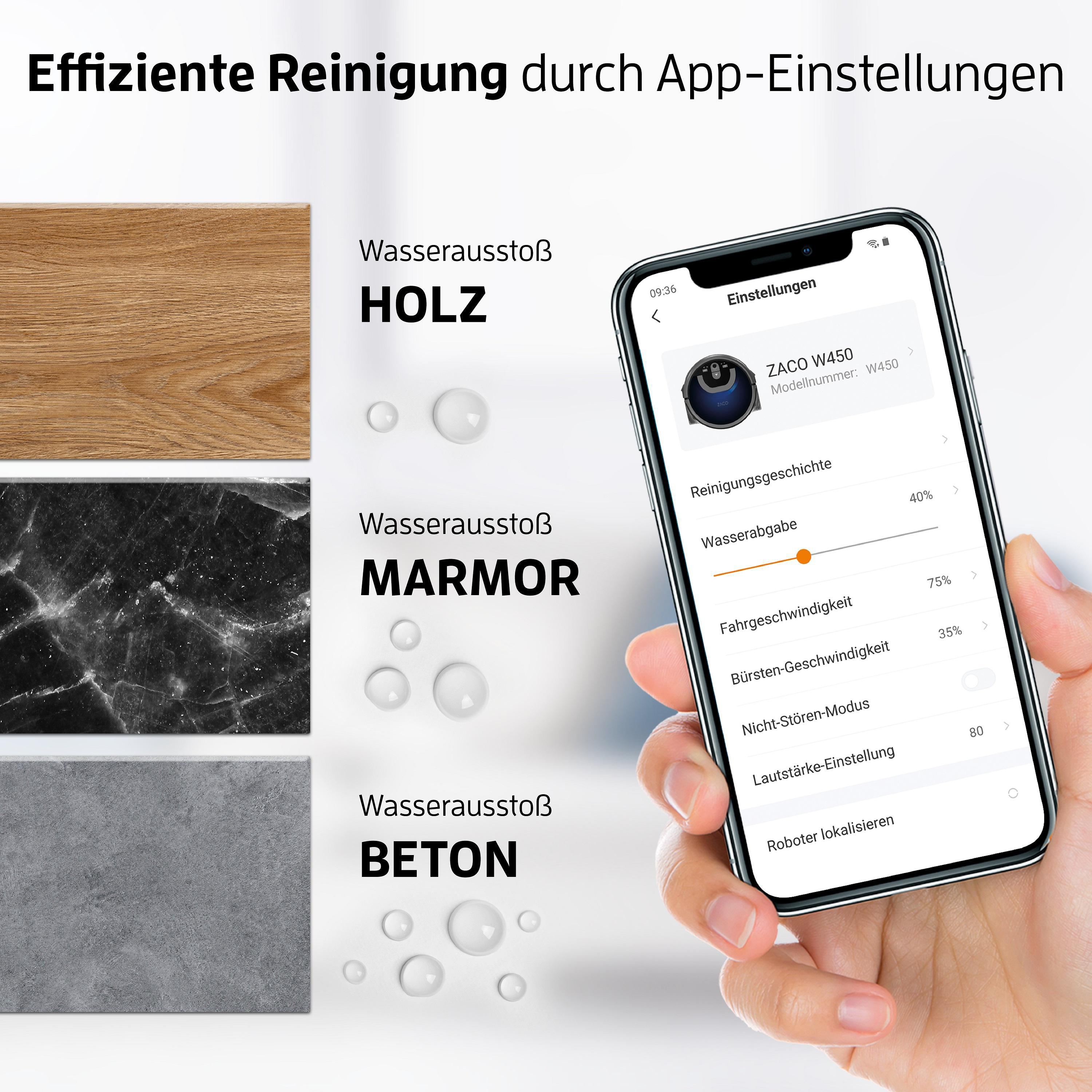 Eine Hand hält ein Telefon, das Reinigungseinstellungen für Holz-, Marmor- und Betonböden anzeigt.