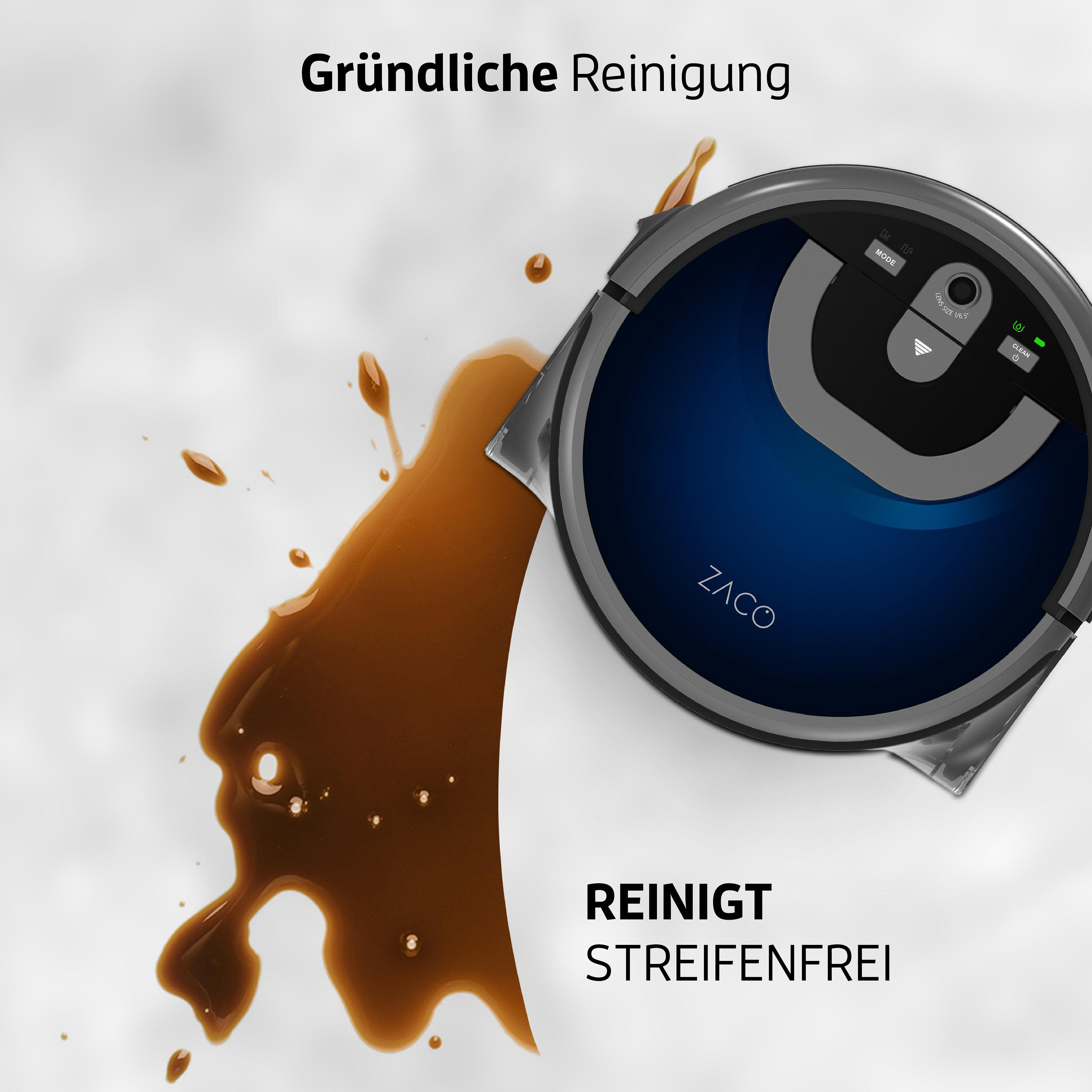 Ein Roboter-Staubsauger mit einem Kaffeefleck auf weißer Oberfläche. Text: 'streifenfrei reinigt'.