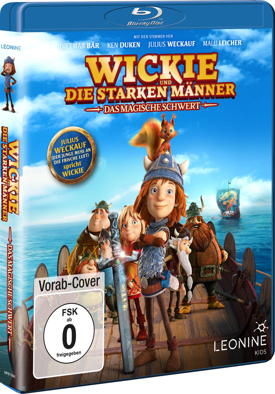 Filmcover von 'Wickie und die starken Männer'. Zeichentrickfiguren auf Holzsteg mit Boot.