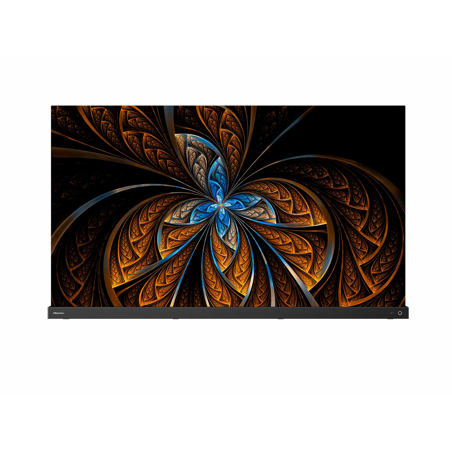 Un televisor de pantalla plana grande que muestra un patrón fractal floral colorido.