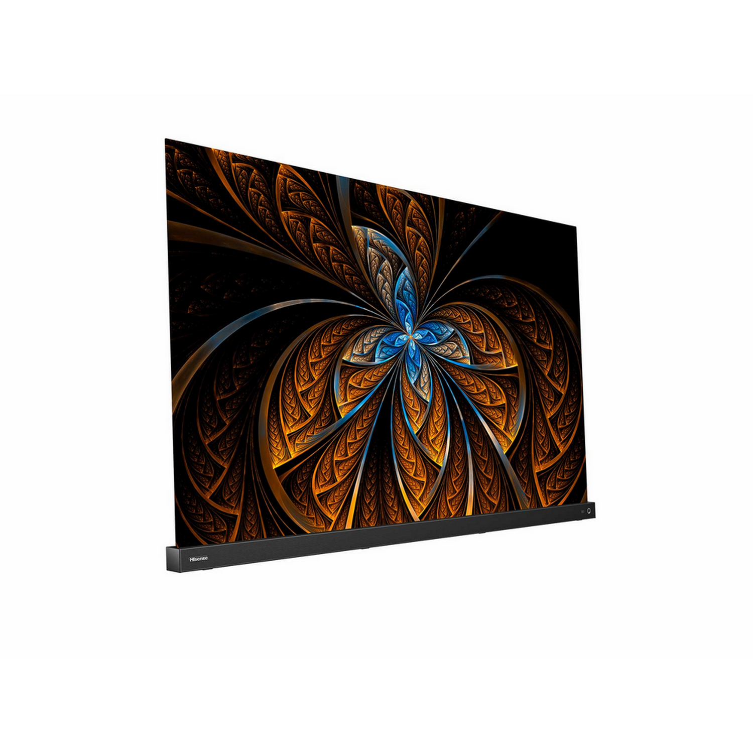 Un televisor de pantalla plana grande muestra un patrón floral abstracto sobre fondo negro.