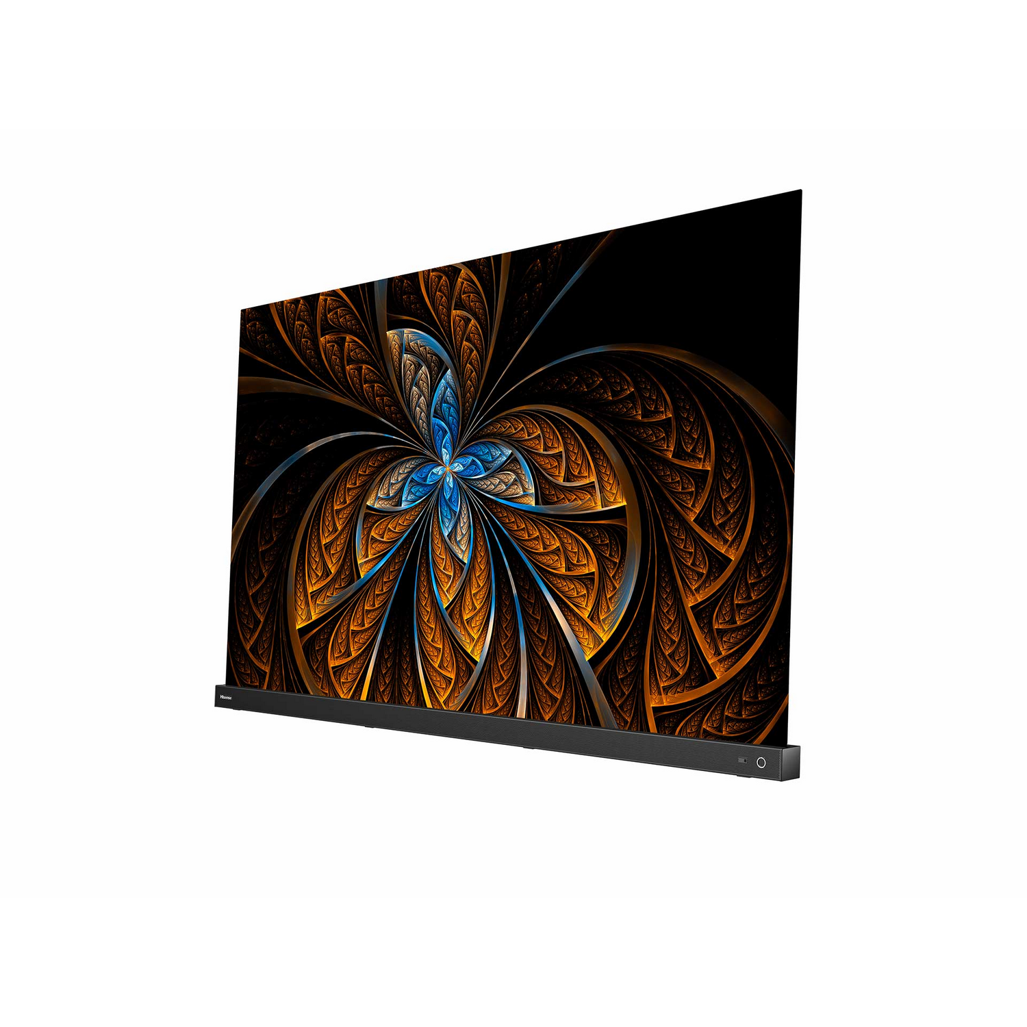 Un televisor moderno muestra un patrón floral colorido con tonos dorados y azules sobre un fondo negro.