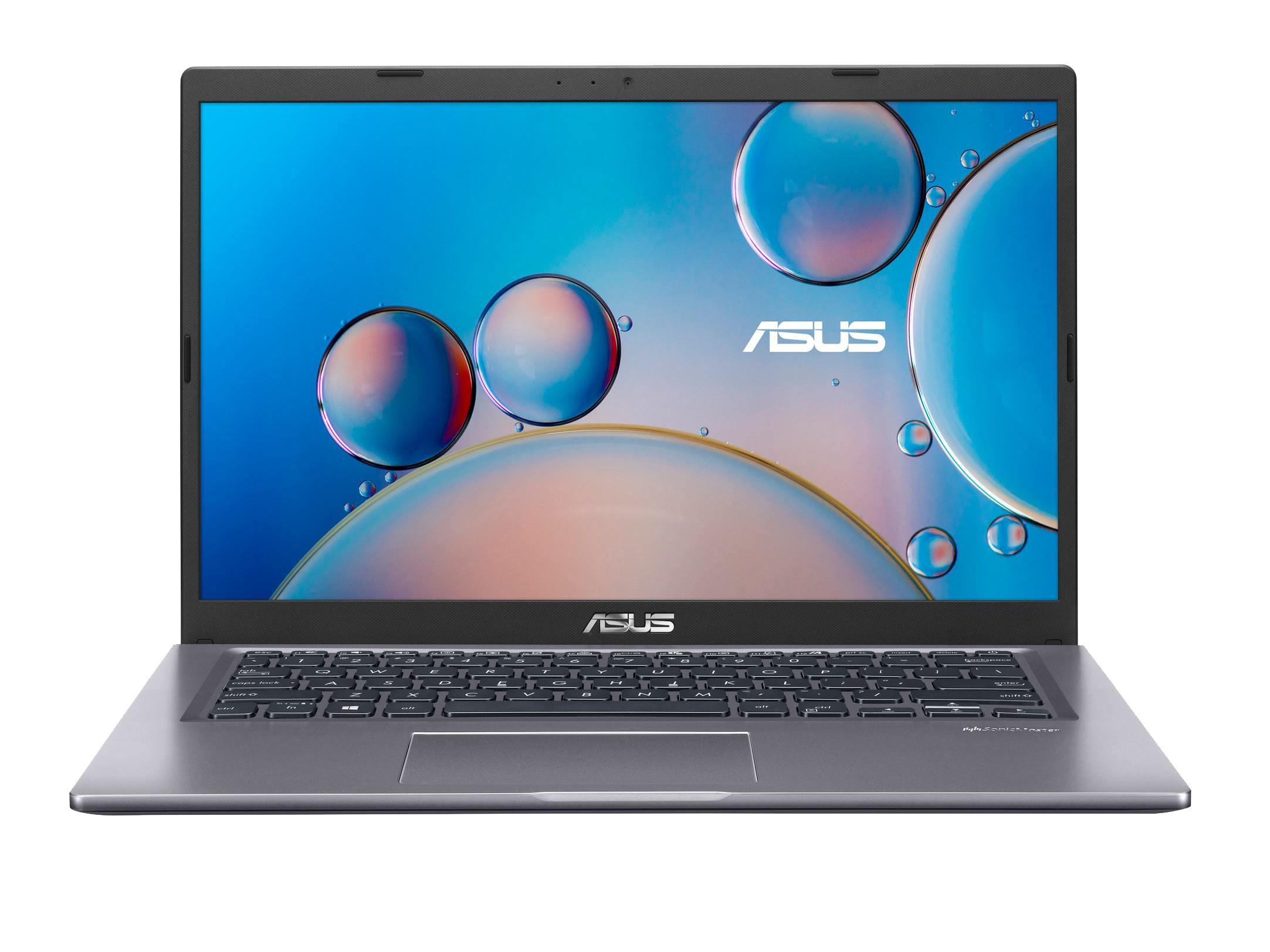 Een laptop met een grijze behuizing is open en toont het toetsenbord.