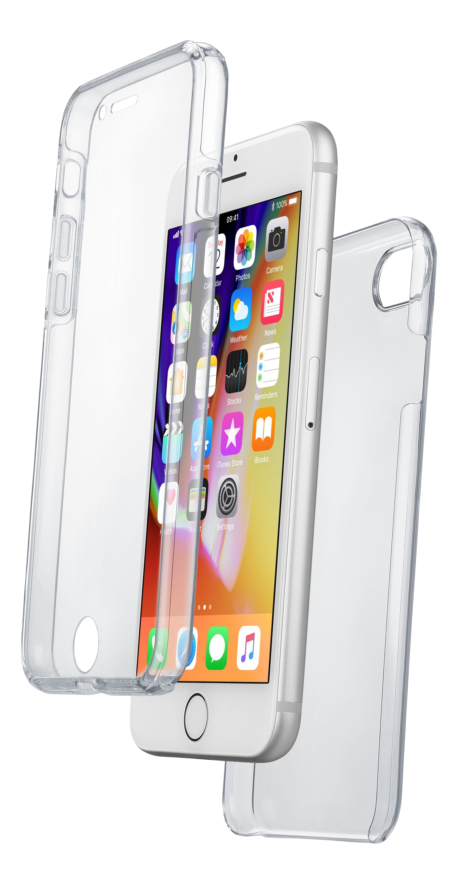 Eine transparente Handyhülle mit einem Telefon darin. Das Telefon zeigt Apps an.