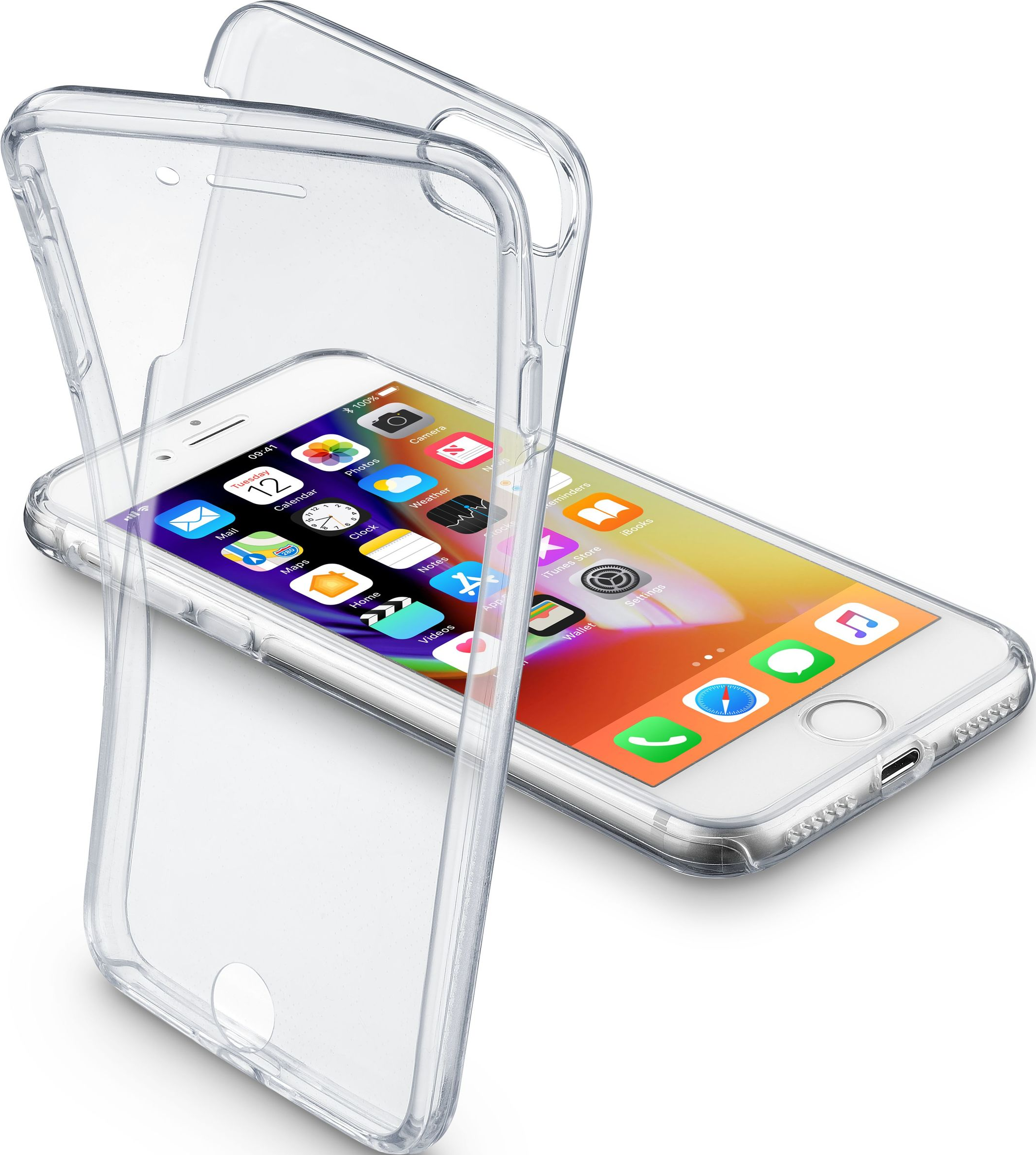 Transparente Handyhülle über einem weißen Telefon. Das Telefon zeigt Symbole, die Hülle ist transparent.