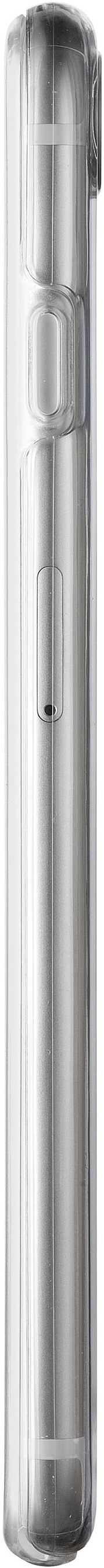 Eine transparente, rechteckige Handyhülle mit Seitentasten und Kameraausschnitt. Weißer Hintergrund.