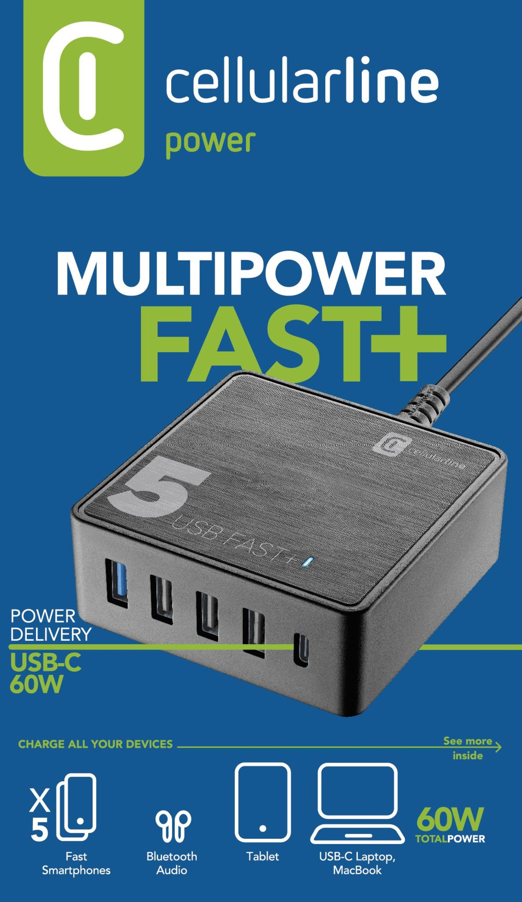 CELLULARLINE 60W Multipower 5 Port Qualcomm USB-A Port Seyahat Şarjı Siyah