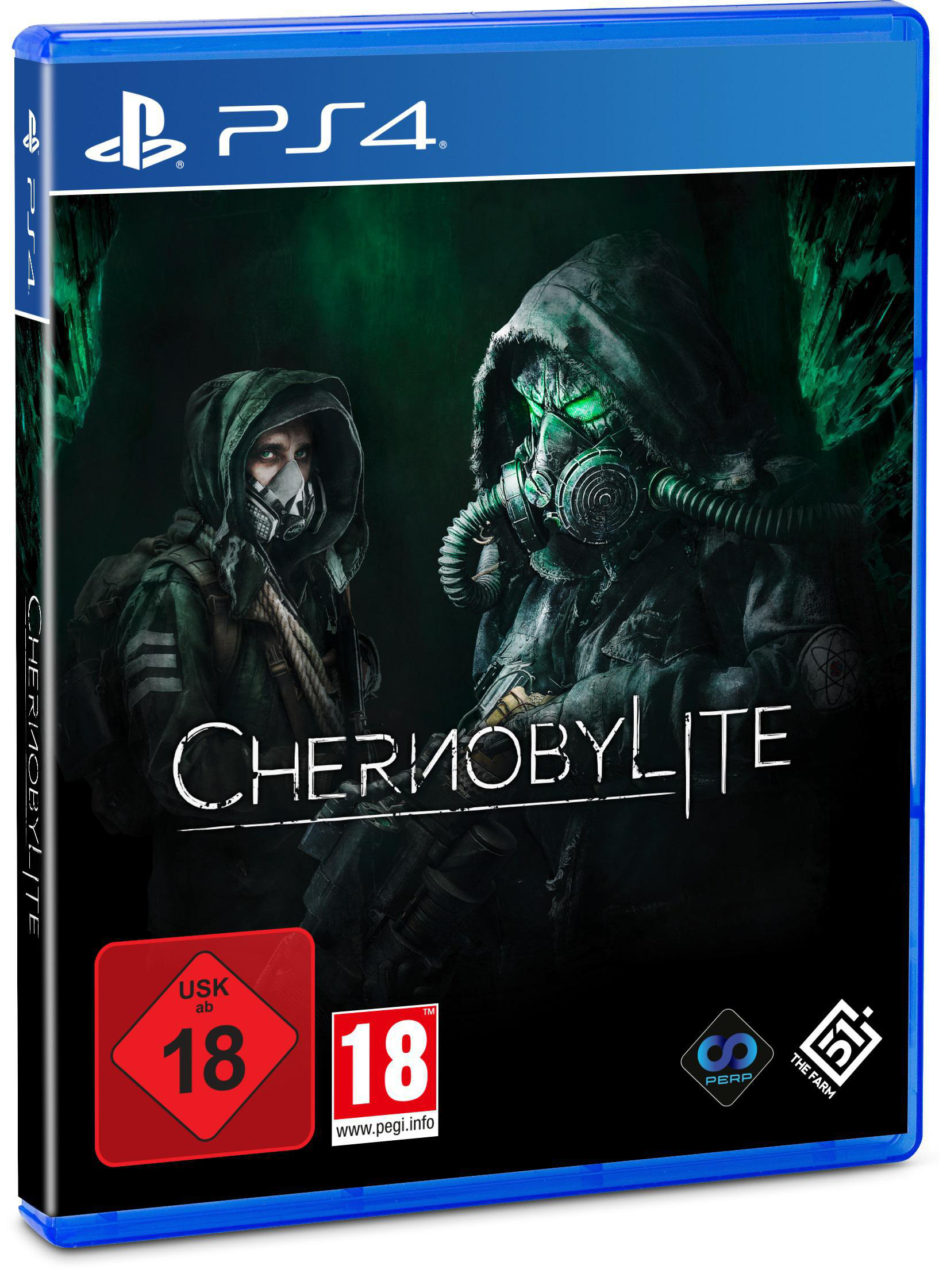 PS4-Spielbox für Chernobylite. Zeigt zwei Figuren in Schutzanzügen. Das Spiel ist ab 18 Jahren freigegeben.