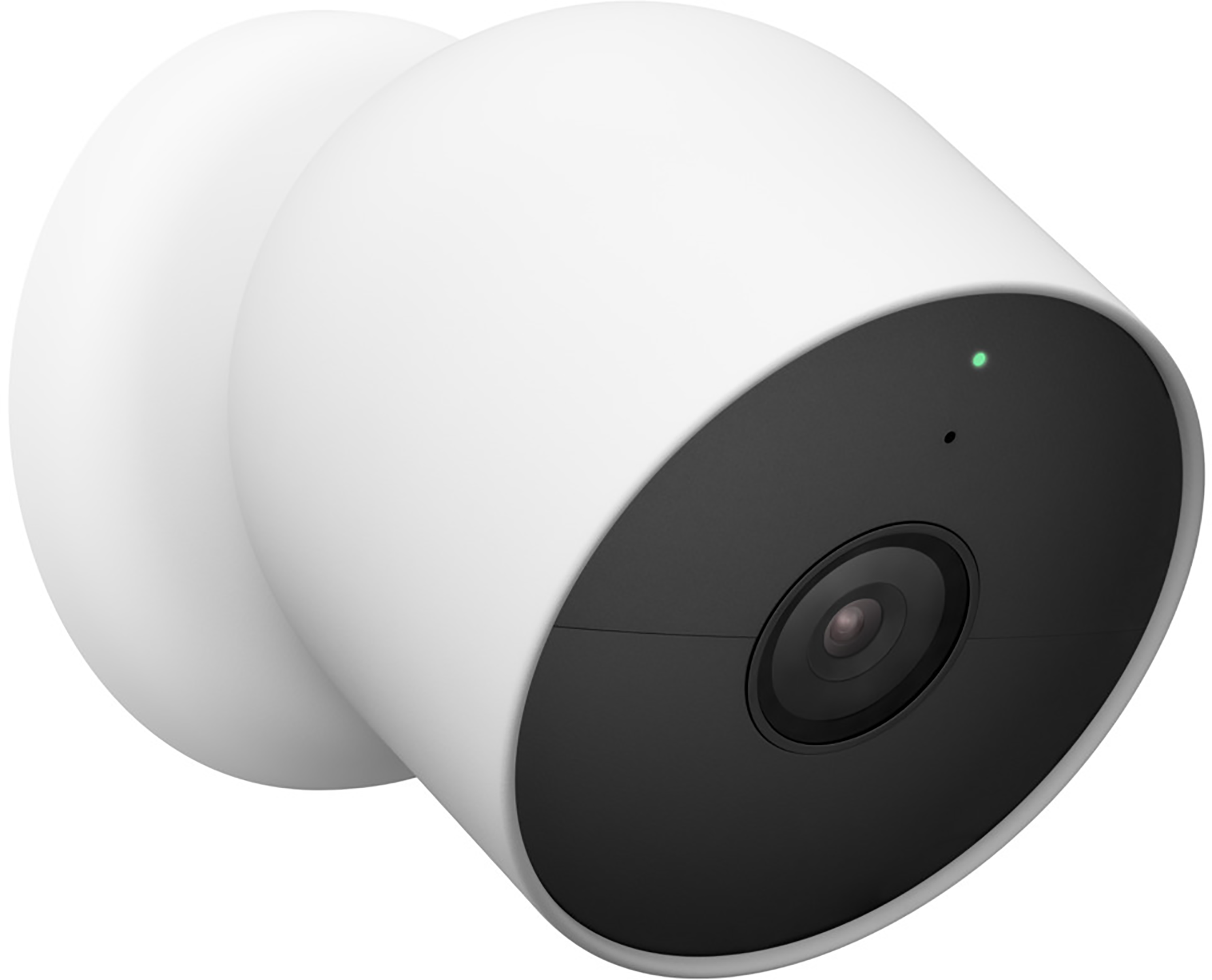 Een witte beveiligingscamera met een zwarte lens en een groen licht, aan een muur gemonteerd.