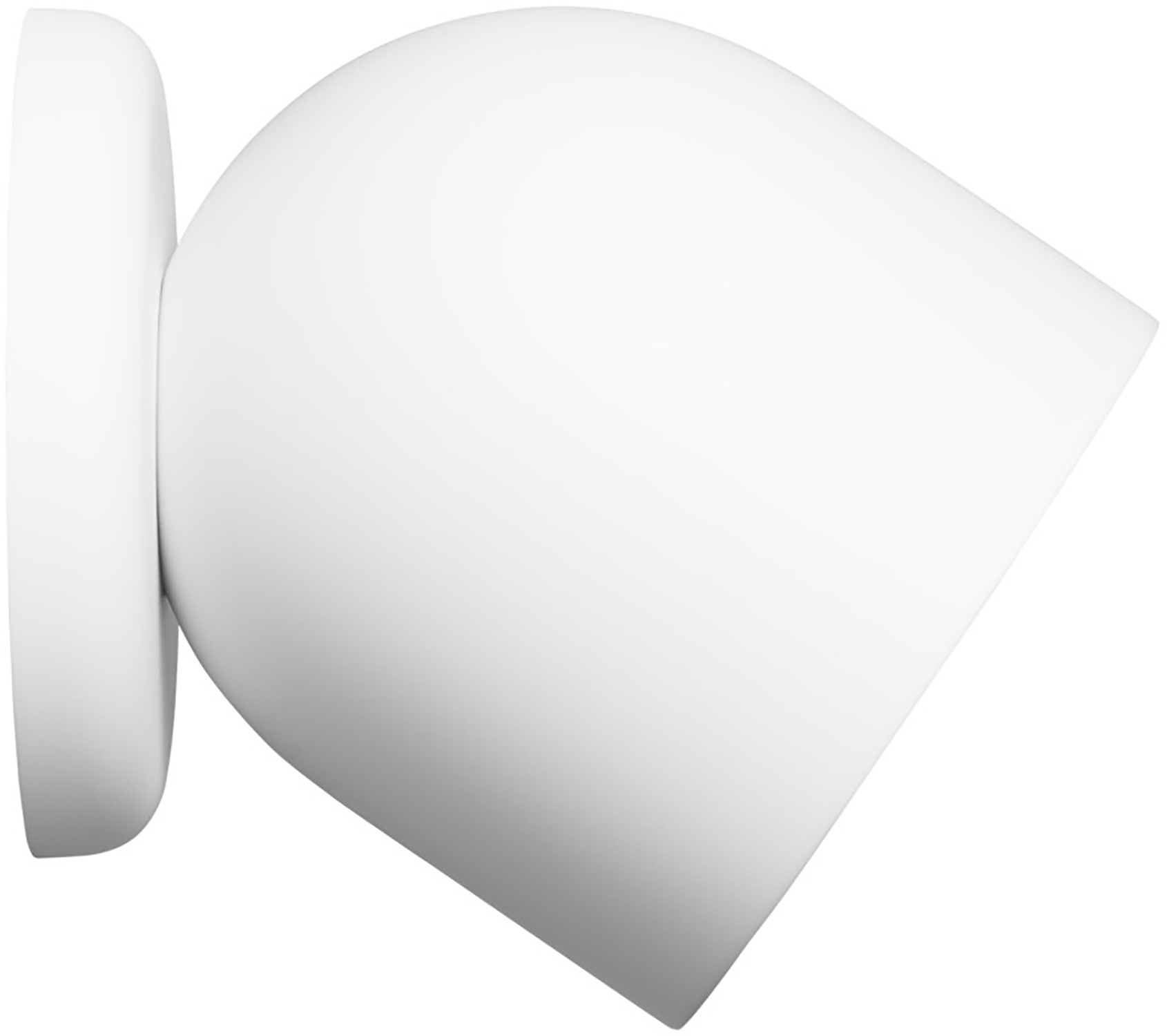 Een witte, afgeronde beveiligingscamera met een platte basis, gemonteerd op een witte muur.