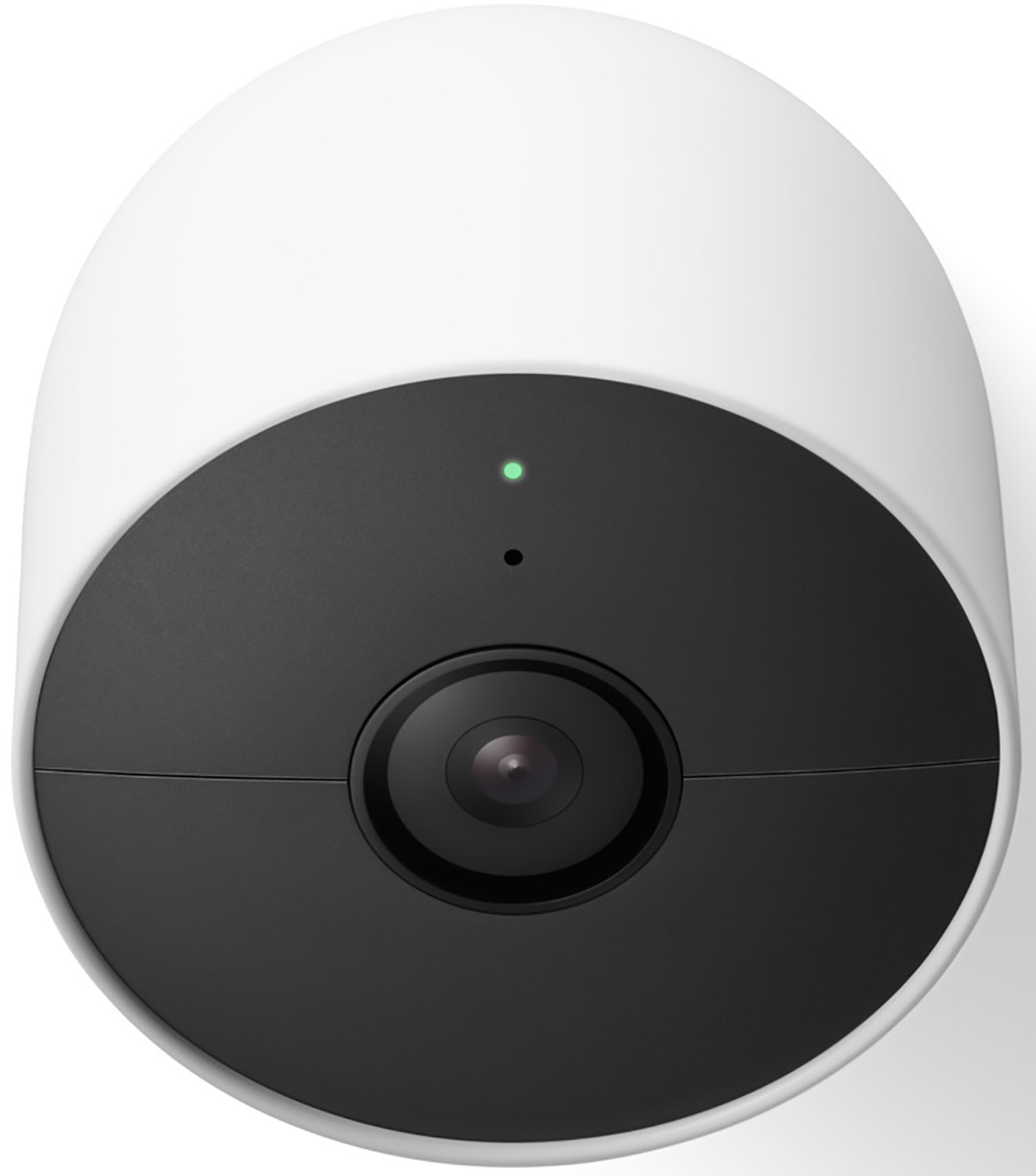 Witte Google Nest Cam met een zwarte voorkant en groene LED.