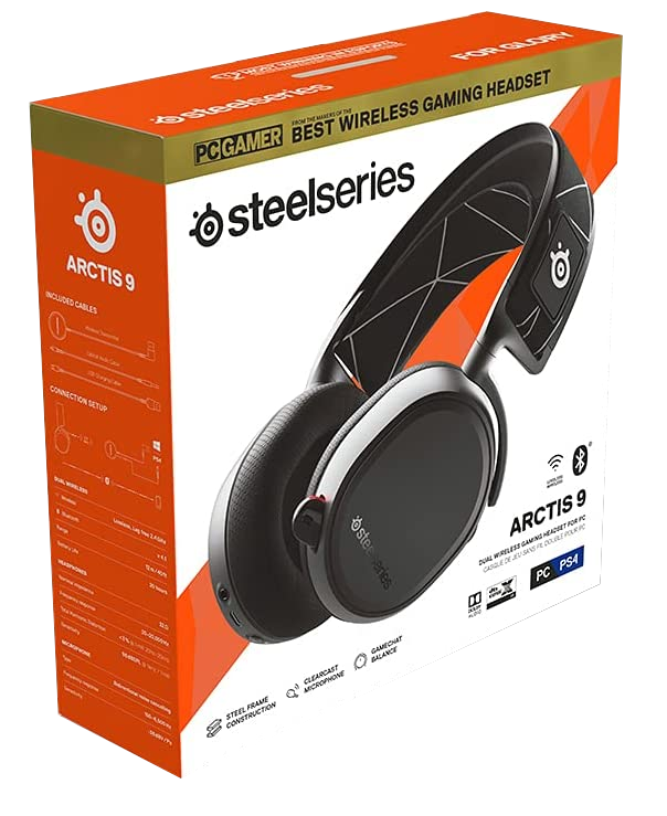 Egy SteelSeries Arctis 9 vezeték nélküli gamer headset doboza, specifikációkkal és képekkel.