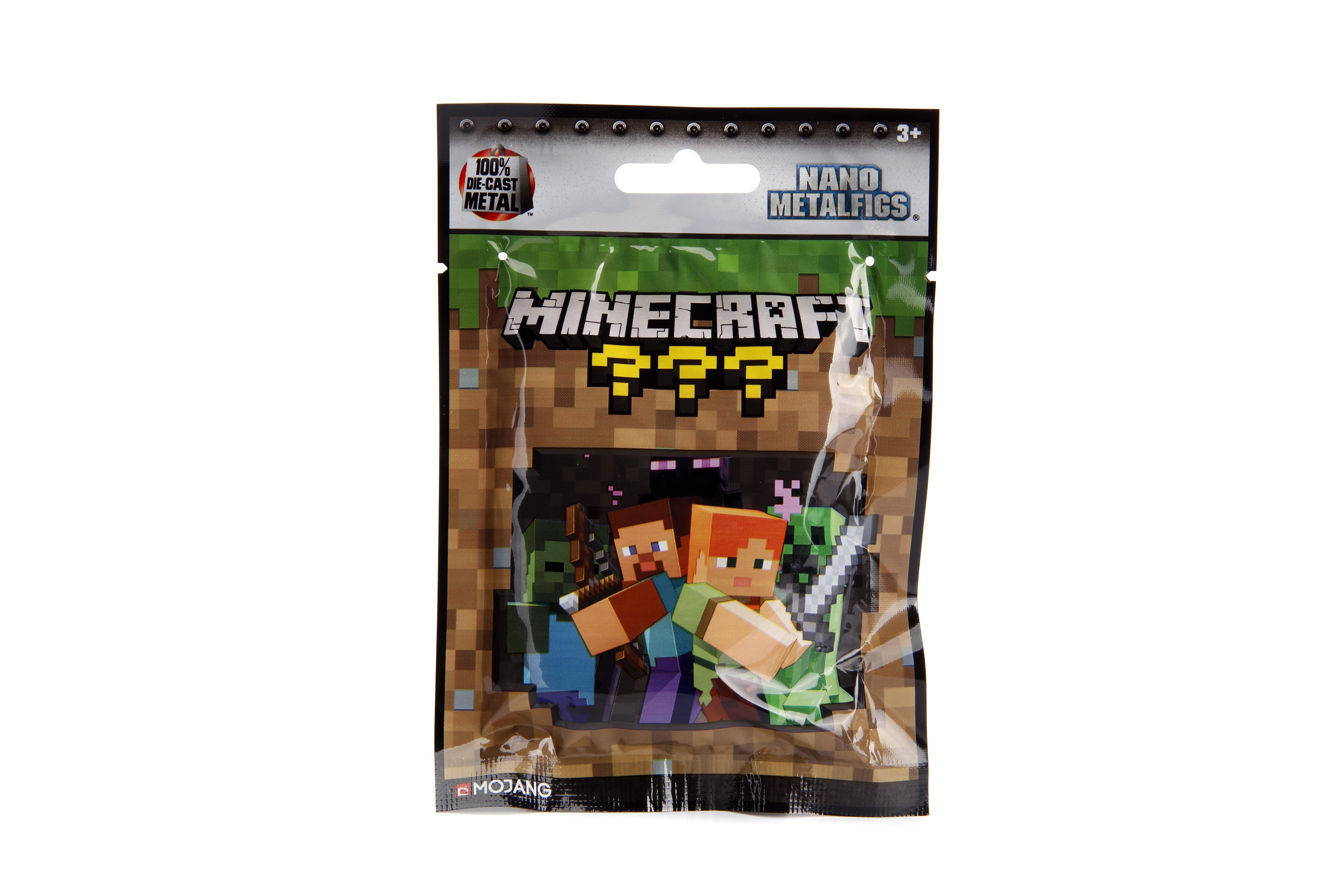 Minecraft-Figuren in einem versiegelten Plastikbeutel. Charaktere sind Steve, Alex, ein Creeper und andere. Auf dem Beutel steht 'Minecraft'.