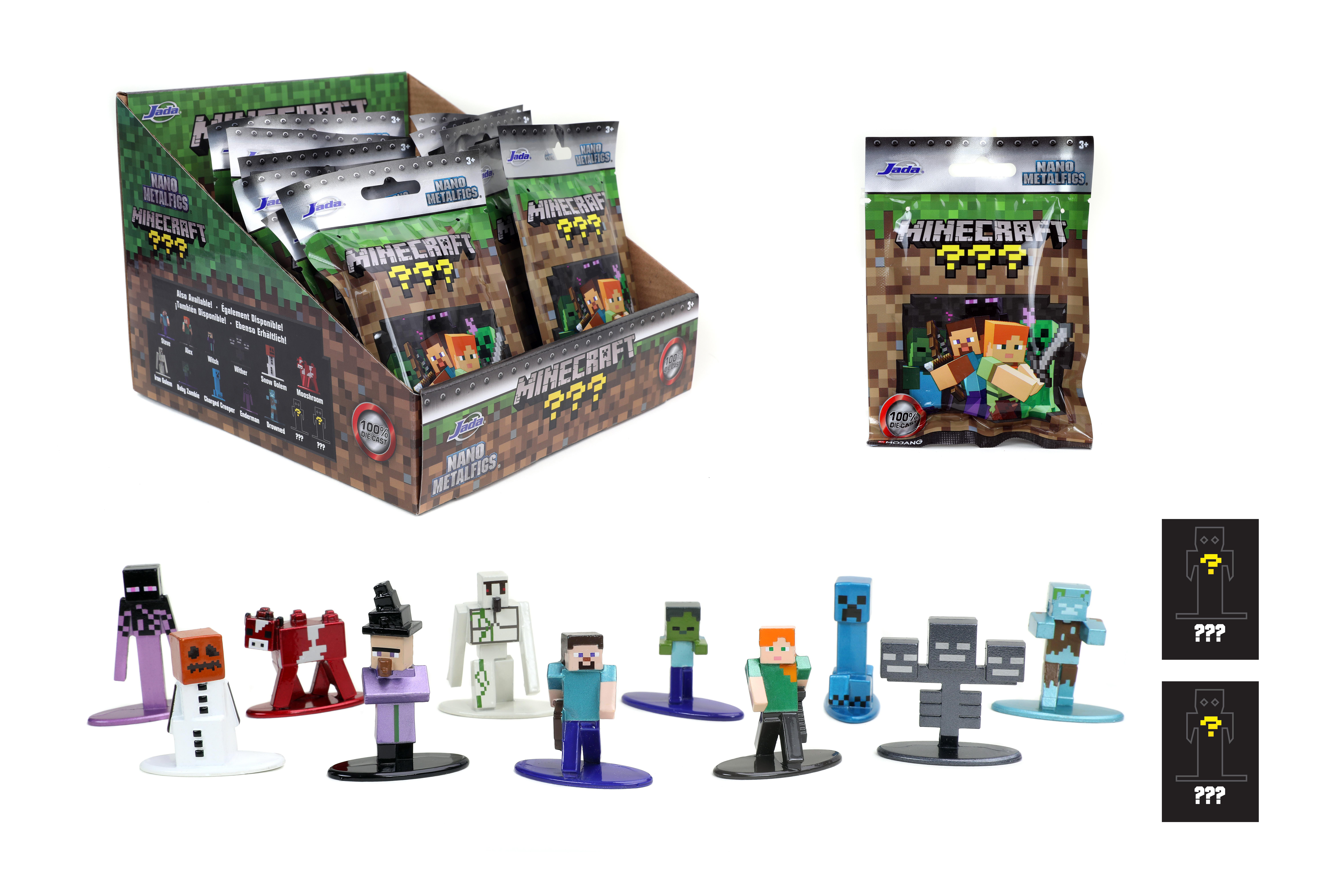 Minecraft-Mini-Figuren in einer Displaybox und Einzelpackungen mit einigen Figuren.