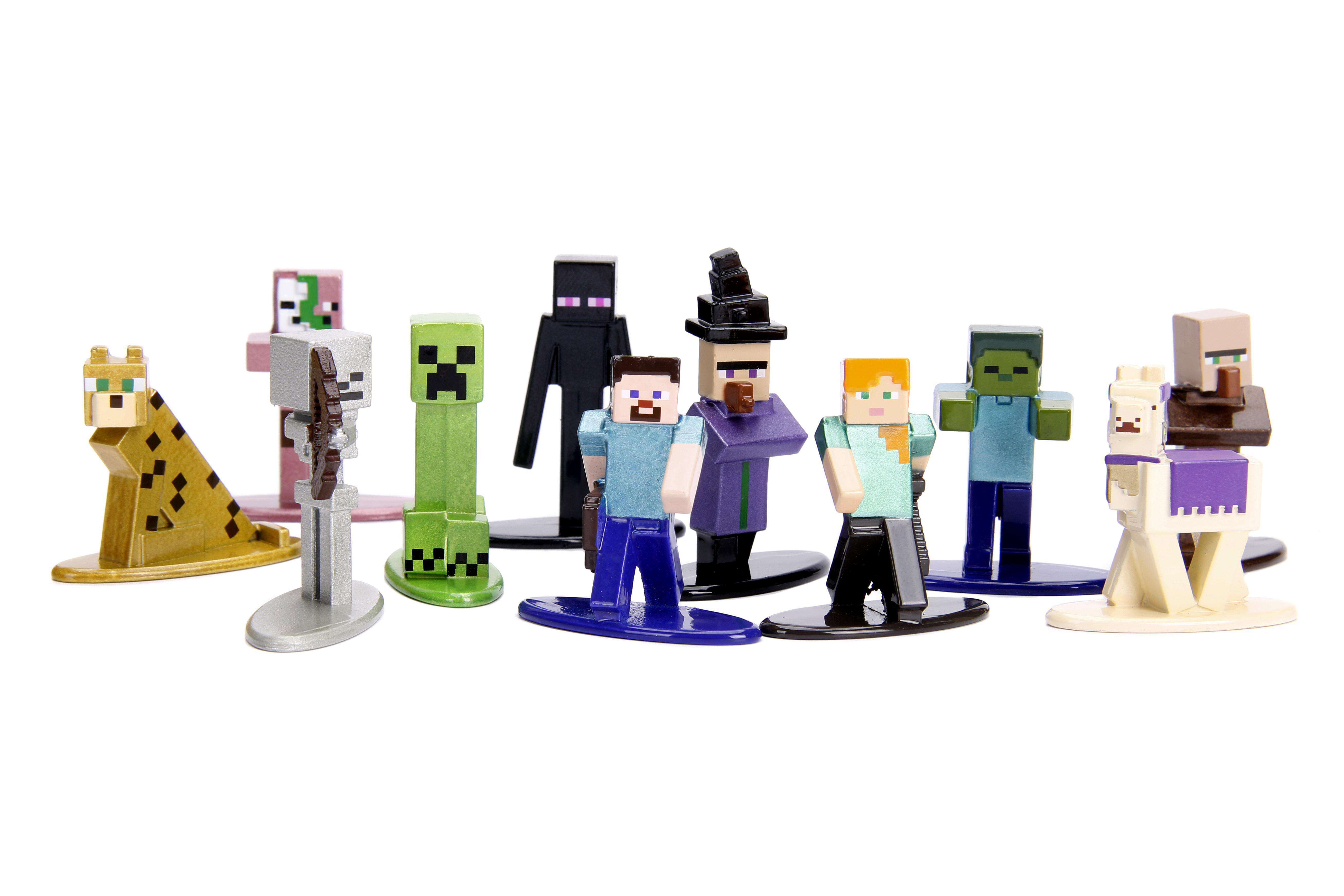 Verschiedene Minecraft-Figuren stehen auf einzelnen Plattformen. Zu den Charakteren gehören Steve, Alex, Creeper, Enderman und andere.