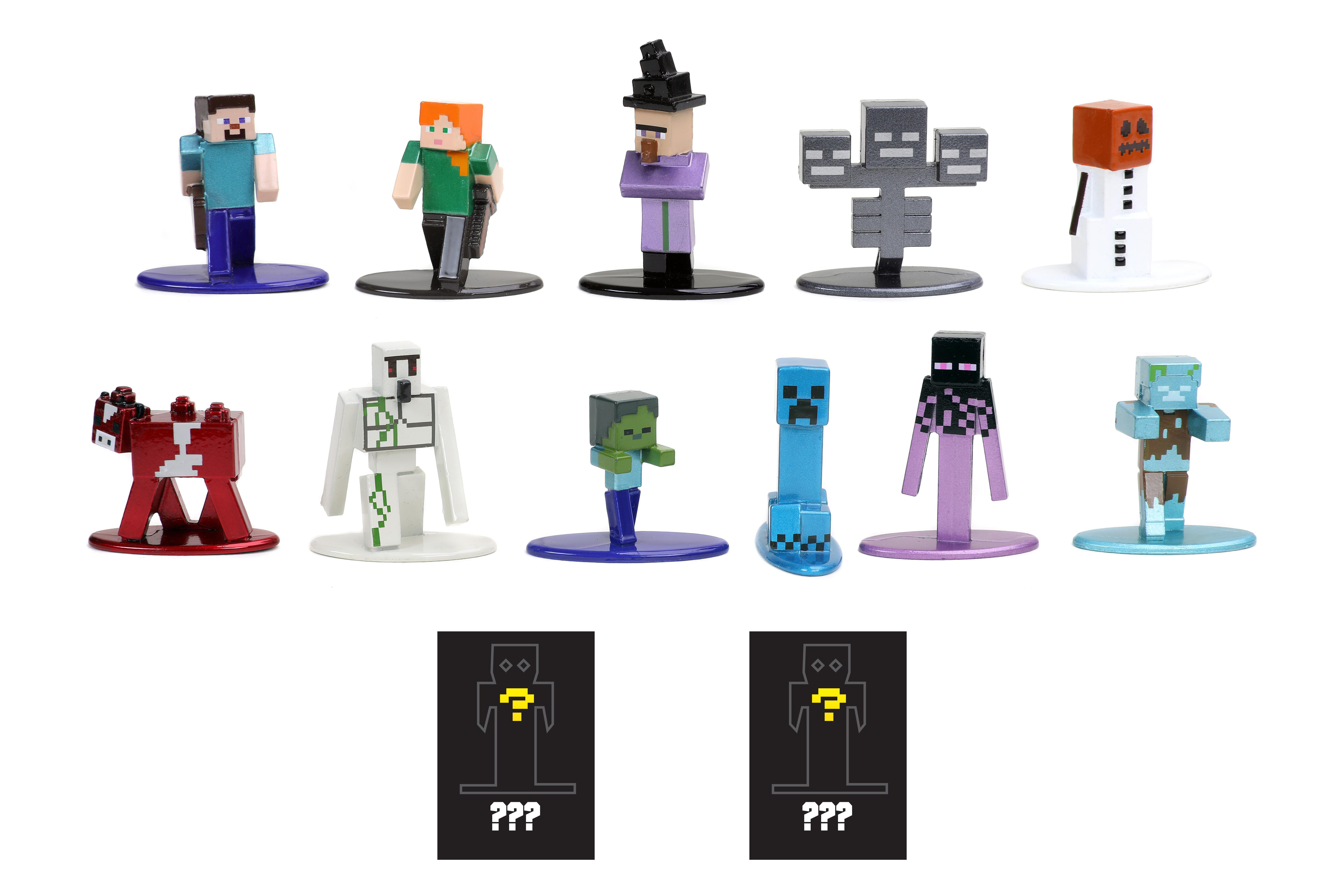 Verschiedene Minecraft-Charakterfiguren auf weißer Oberfläche und zwei Überraschungsboxen.