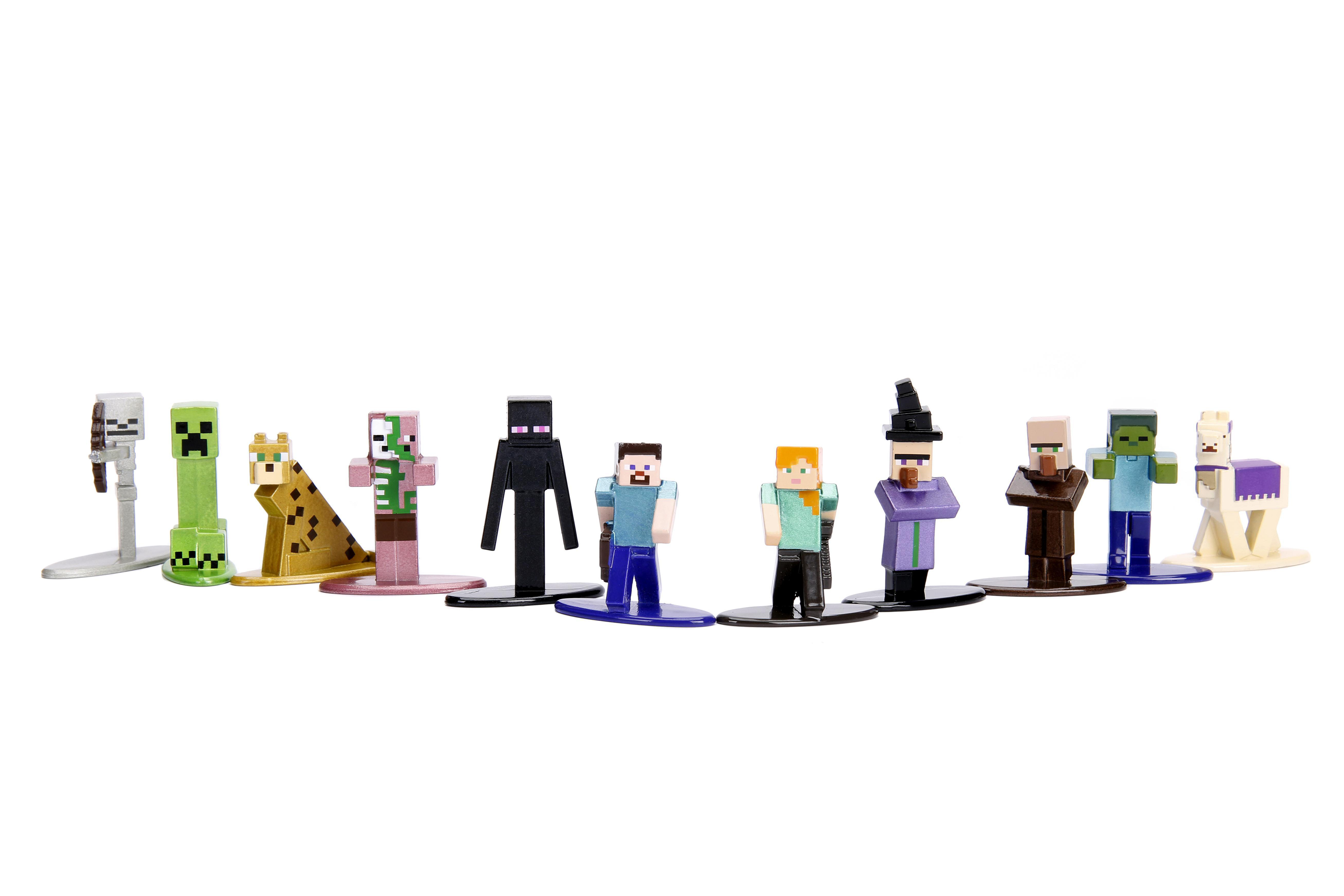 Eine Reihe von Minecraft-Figuren, darunter ein Skelett, ein Creeper und andere Charaktere, auf weißem Hintergrund.