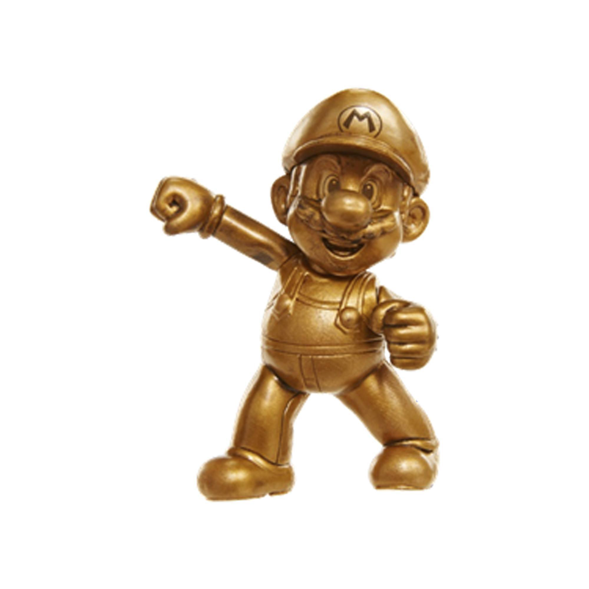 Goldene Mario-Figur mit erhobener Faust, in Aktionspose.