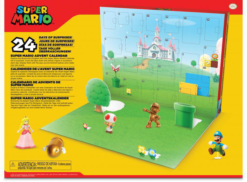 Super Mario Adventskalender offen, Charaktere und Szene sichtbar.